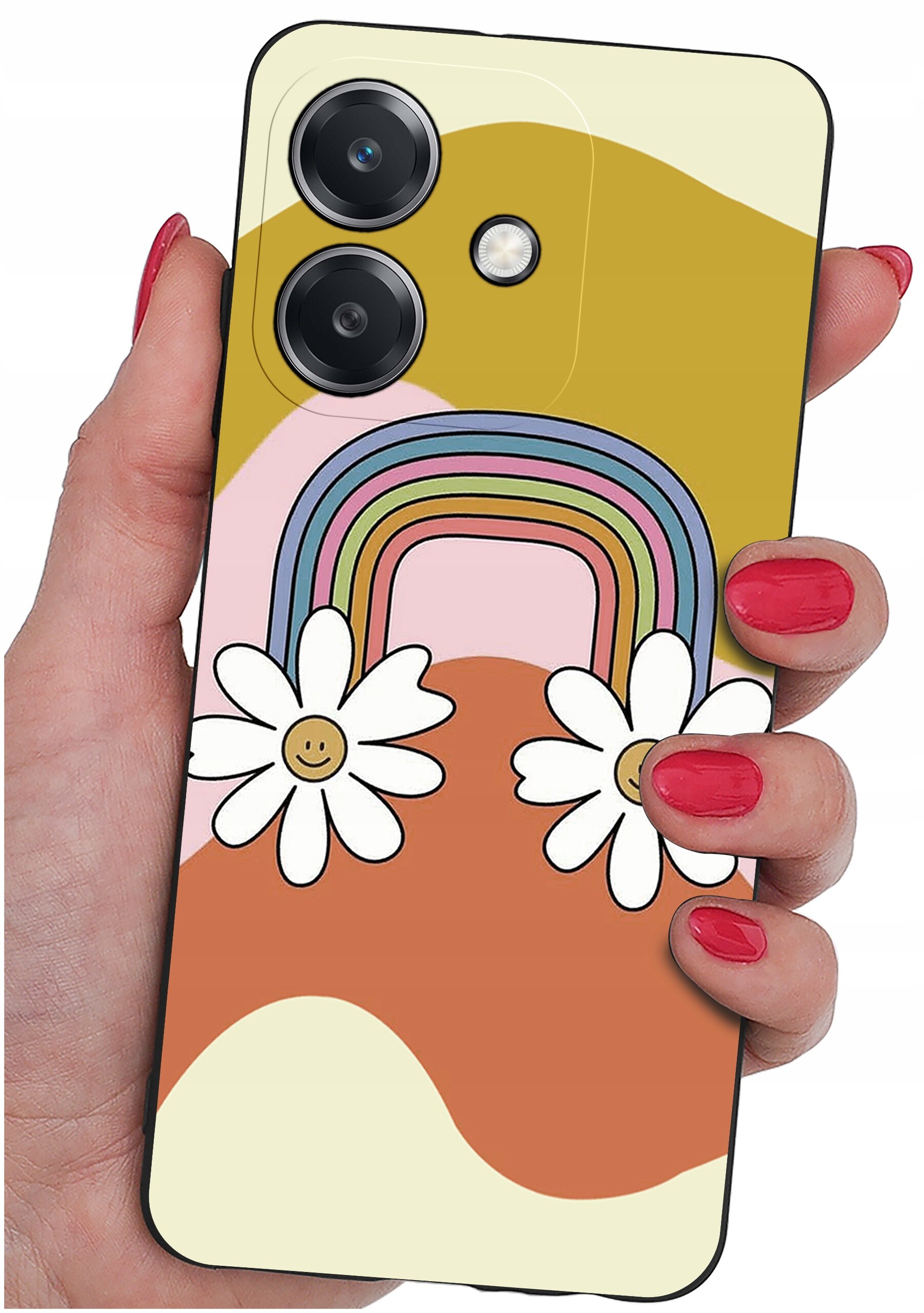 Etui na telefon z kolorowym wzorem tęczy i dwoma kwiatami z uśmiechniętymi buźkami. Etui trzymane jest w dłoni z pomalowanymi na czerwono paznokciami.