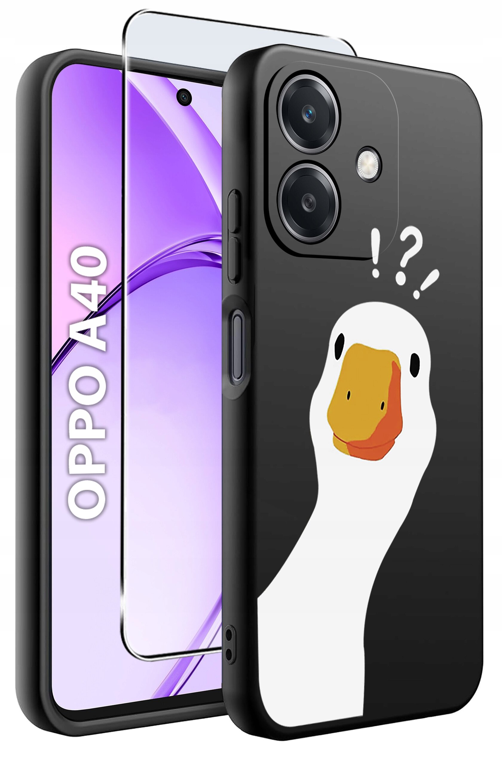 Etui do telefonu z nadrukiem kaczki z wykrzyknikami i znakami zapytania, obok widoczny telefon z napisem \'OPPO A40\'.