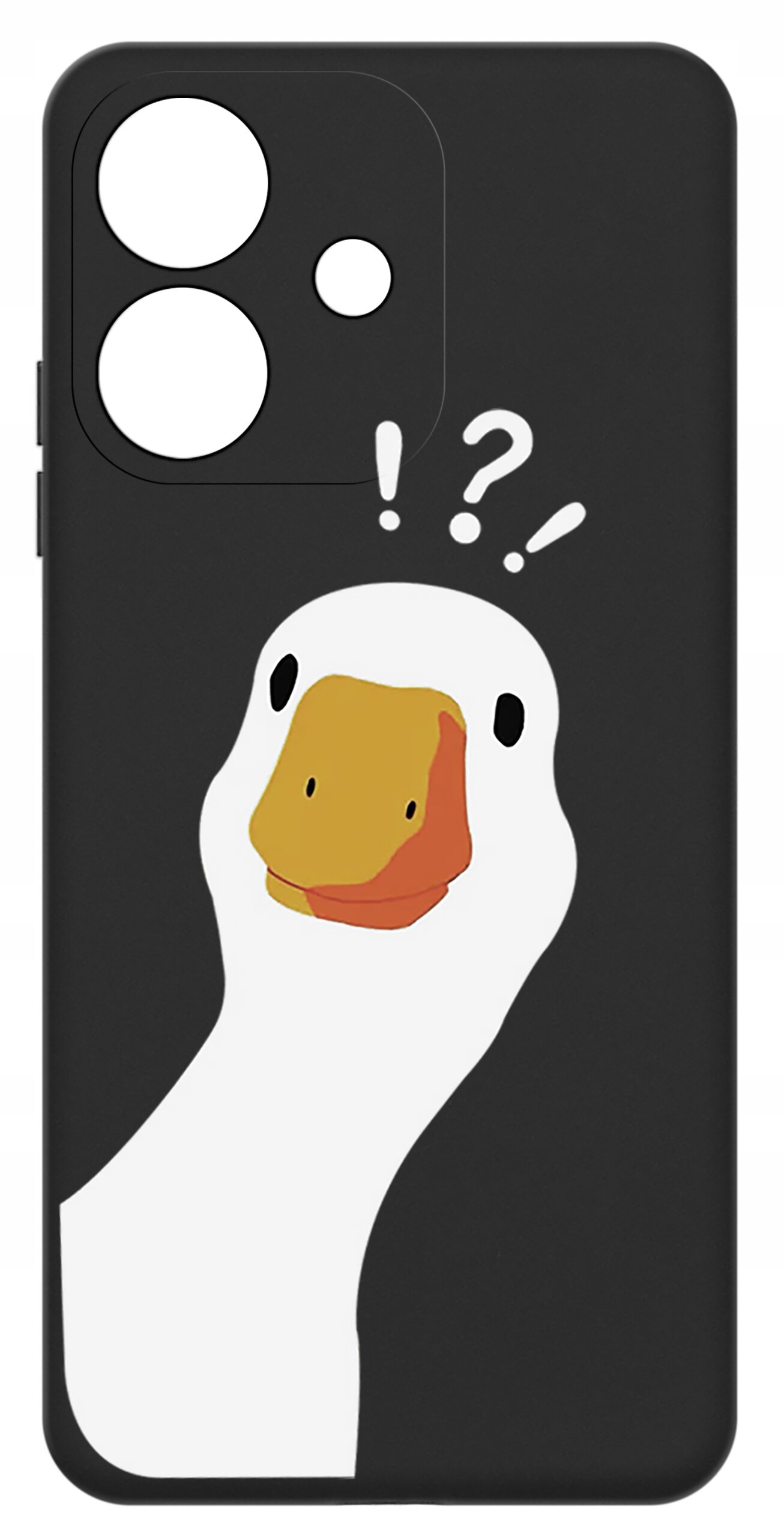 Czarne etui na telefon z nadrukiem białej kaczki z pomarańczowym dziobem oraz trzema znakami zapytania nad głową. Etui ma wycięcia na aparat i przyciski.