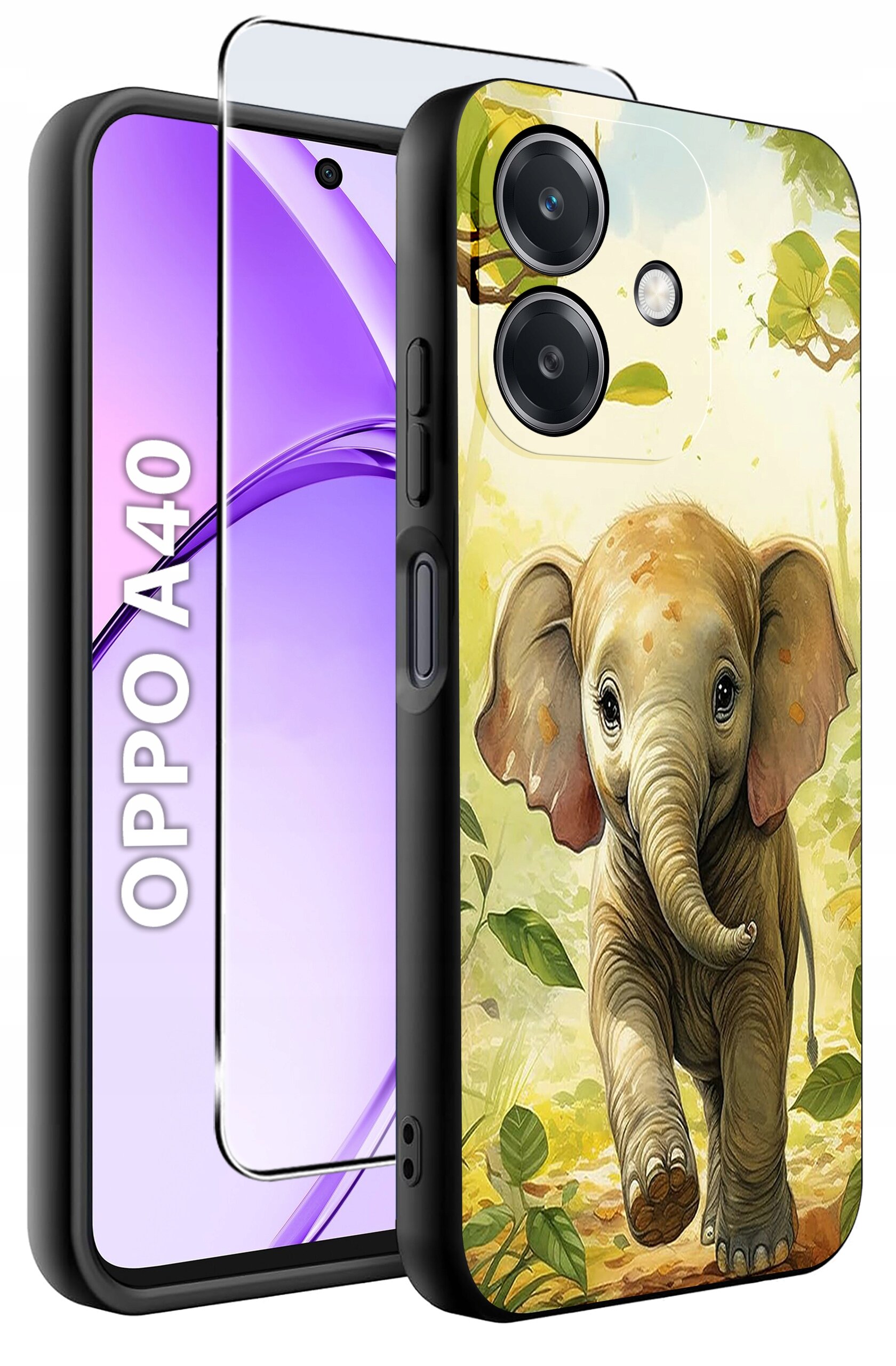 Etui na telefon z motywem słonia w otoczeniu liści, obok widoczny telefon z napisem \'OPPO A40\'.