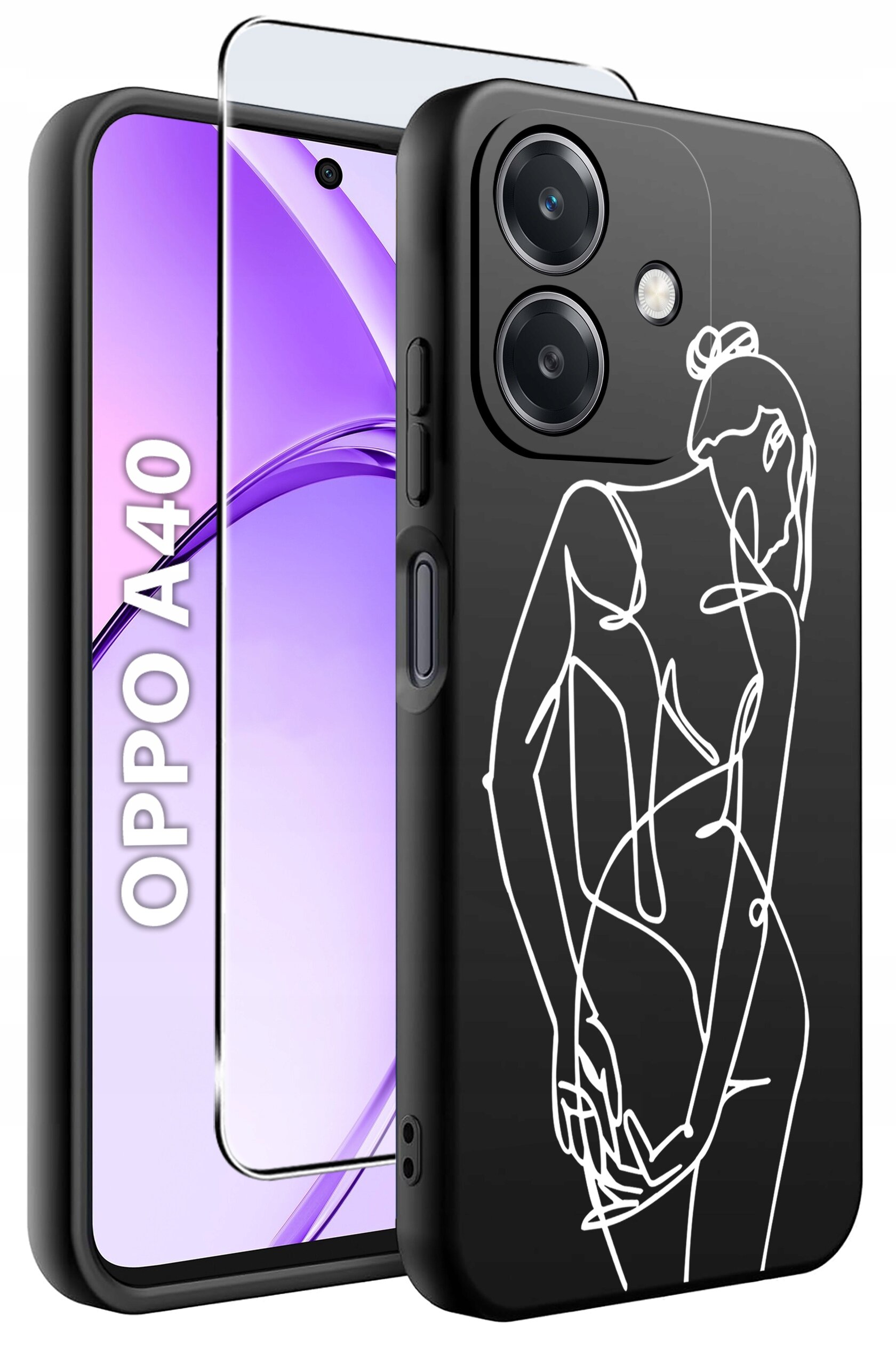 Obraz przedstawia czarne etui na telefon z białym, abstrakcyjnym wzorem sylwetki oraz szkło ochronne. Obok widoczny jest telefon z napisem \'OPPO A40\' na ekranie.