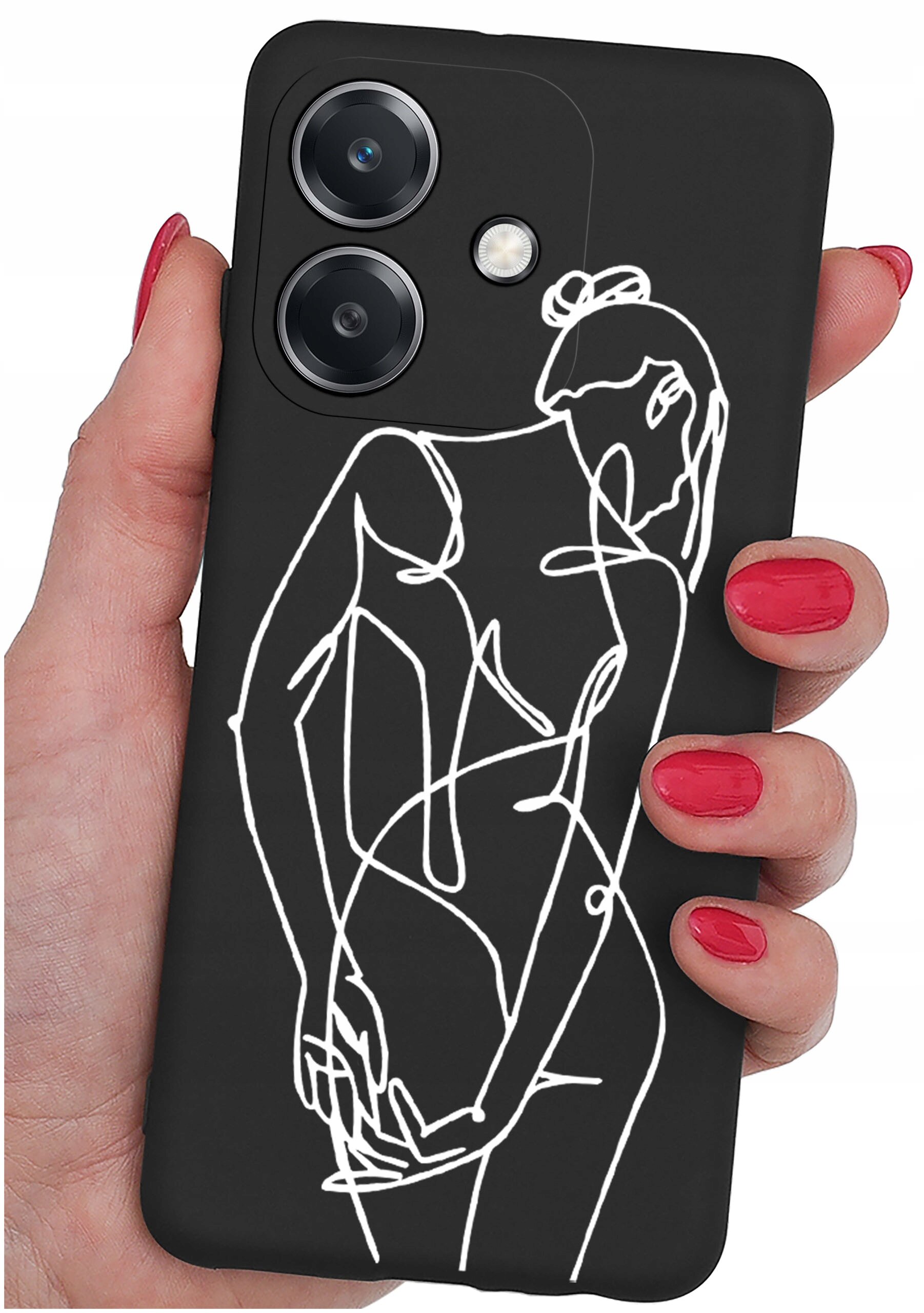 Czarne etui na telefon z białym, abstrakcyjnym wzorem przedstawiającym sylwetkę osoby. Etui trzymane jest w dłoni z pomalowanymi na czerwono paznokciami.