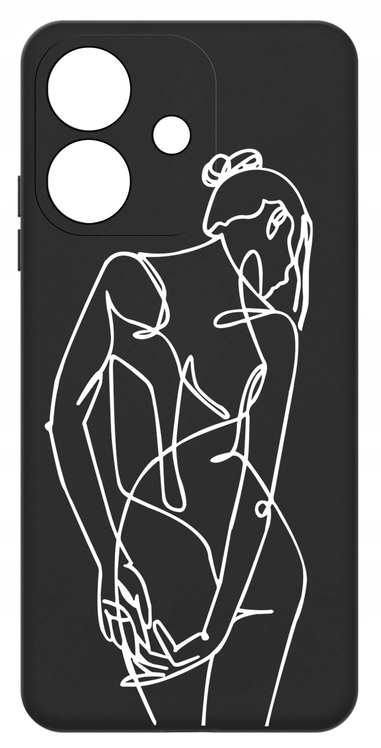 Czarne etui na telefon z białym, abstrakcyjnym rysunkiem sylwetki osoby. Etui posiada wycięcia na trzy obiektywy aparatu.
