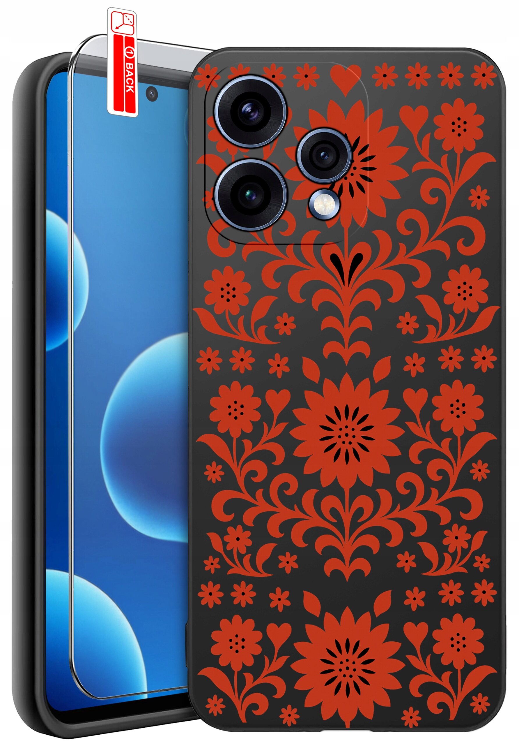 Etui na telefon z czerwonym, kwiatowym wzorem na czarnym tle oraz szkło ochronne z napisem \'BACK\'.