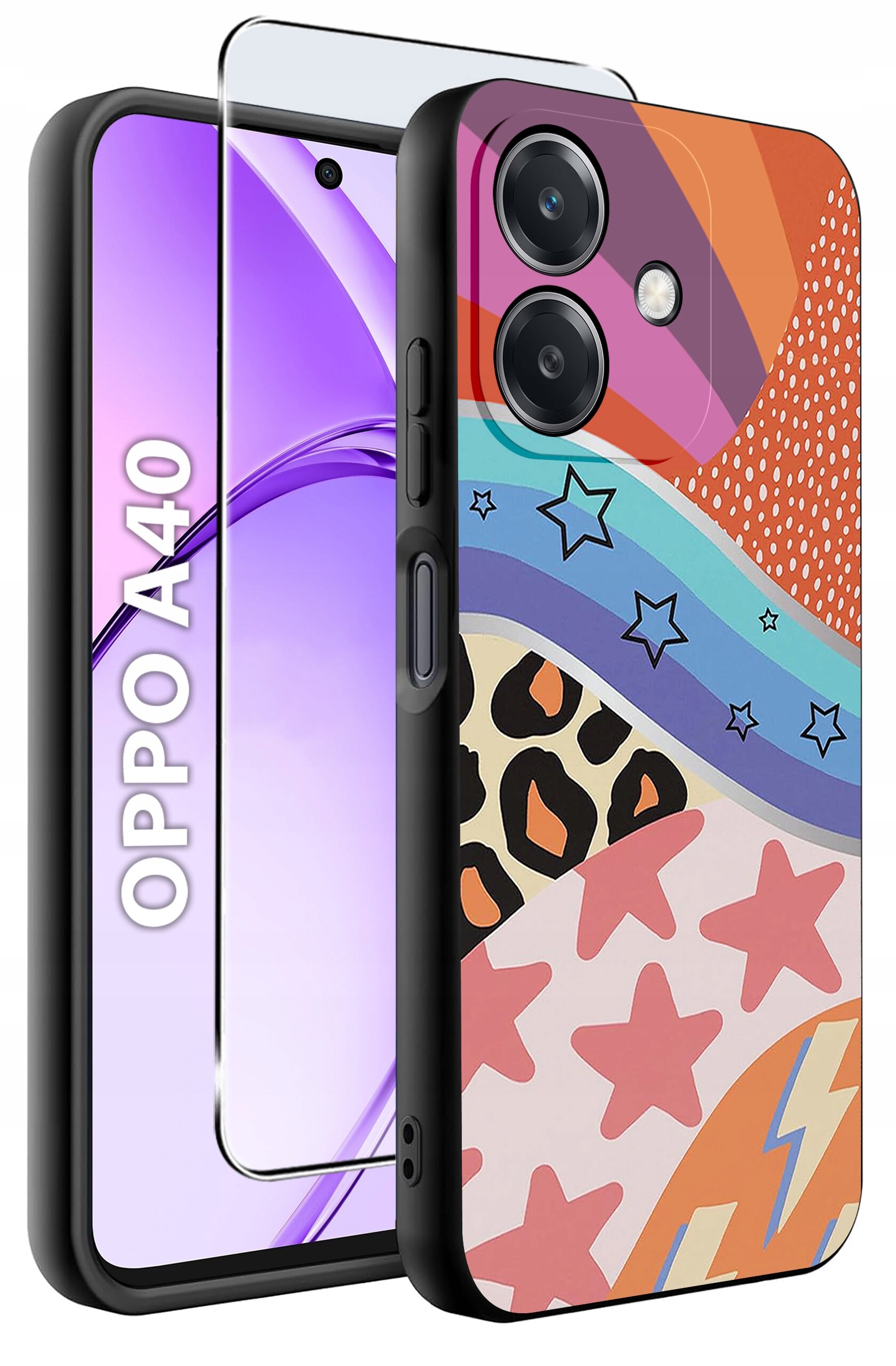 Etui na telefon z kolorowym wzorem w gwiazdy, paski i kropki, obok telefonu z napisem \'OPPO A40\'.