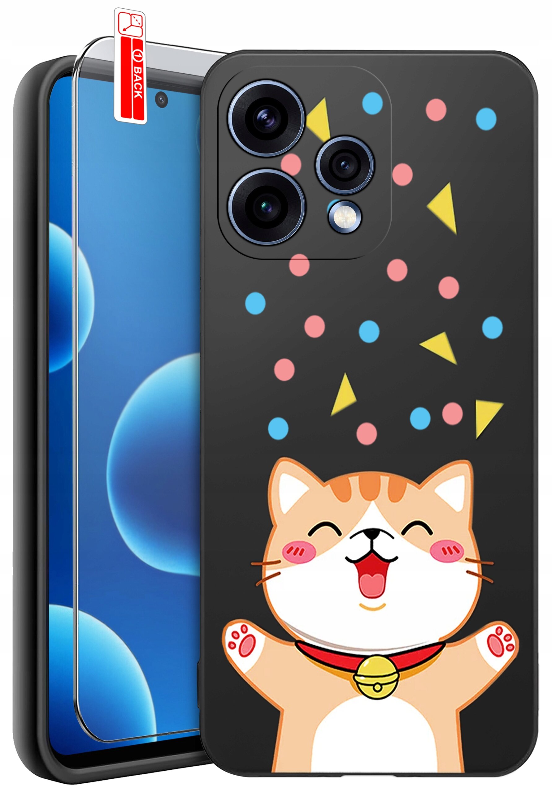 Etui na telefon z rysunkiem uśmiechniętego kota i kolorowymi kształtami na czarnym tle. Obok znajduje się szkło ochronne z napisem \'BACK\'.