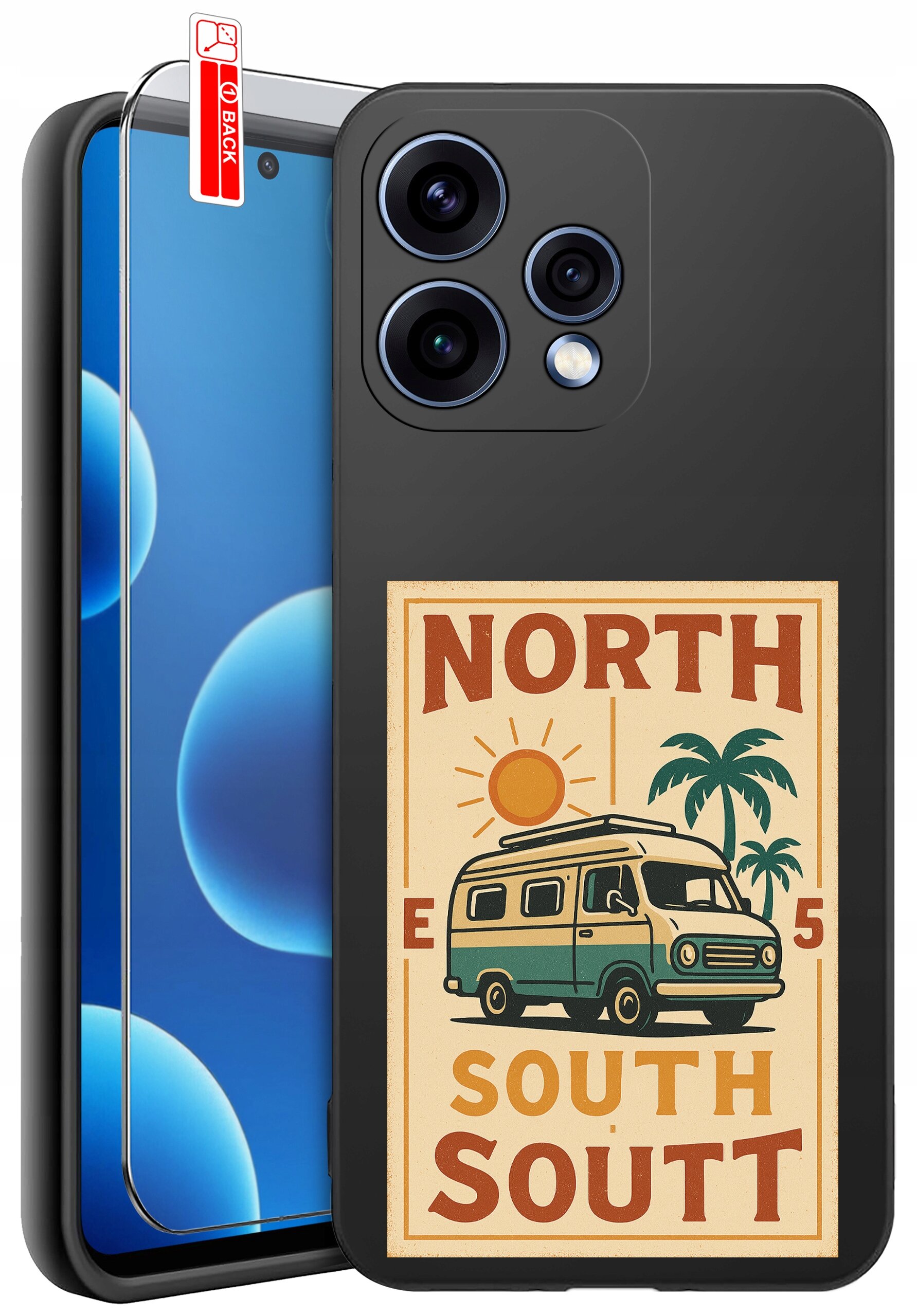Etui na telefon z grafiką przedstawiającą samochód kempingowy, słońce i palmy oraz napisy \'NORTH\', \'SOUTH\', \'SOUTT\'. Obok etui znajduje się szkło ochronne z oznaczeniem \'BACK\'.