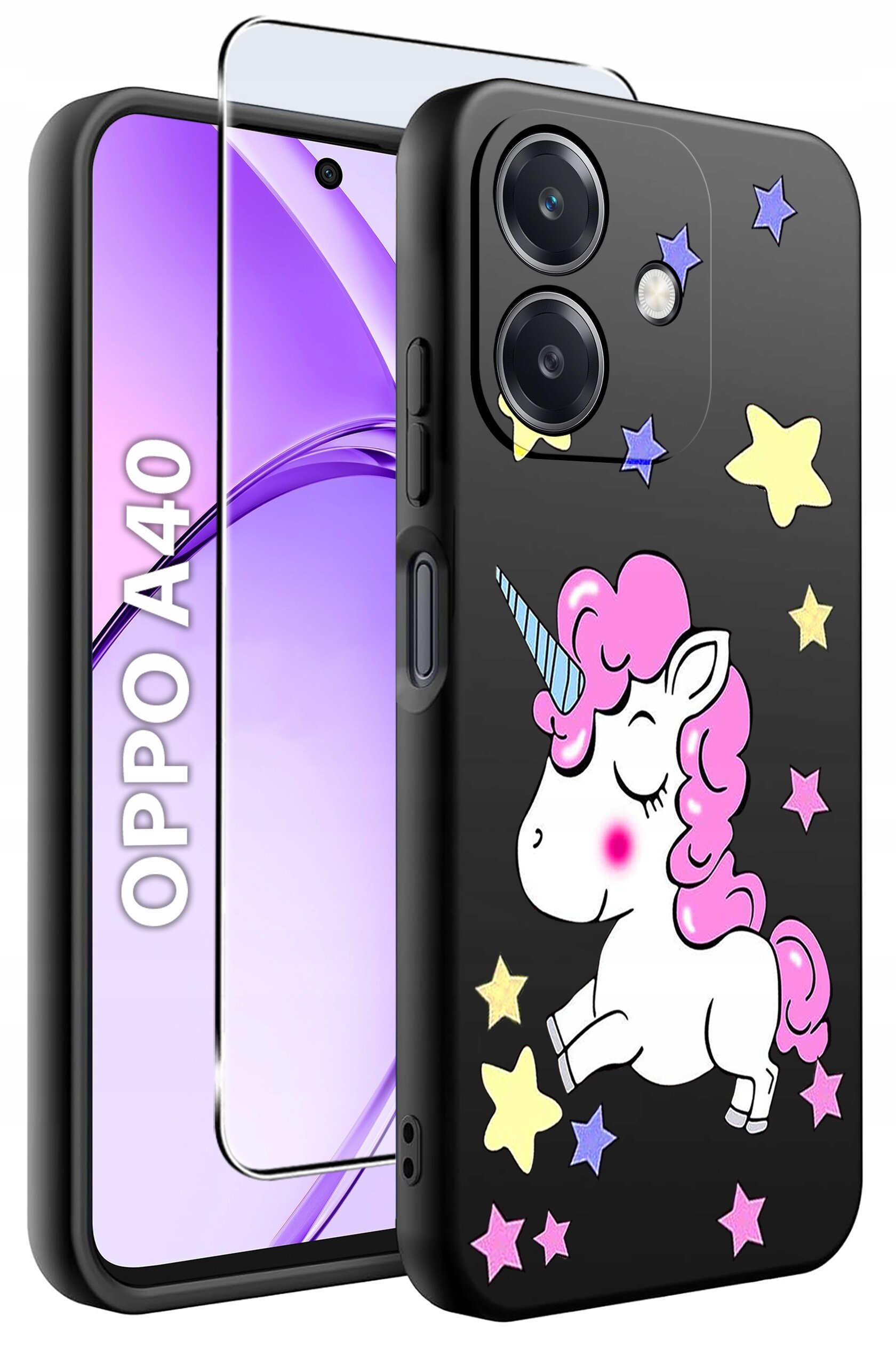 Obraz przedstawia etui na telefon z motywem jednorożca otoczonego kolorowymi gwiazdkami. Obok widoczny jest telefon z napisem \'OPPO A40\' oraz szkło ochronne.