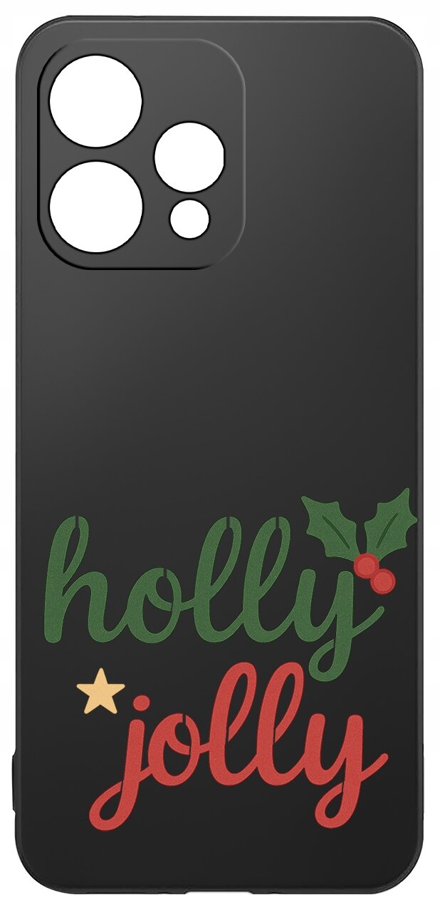 Czarne etui z napisem \'holly jolly\' w kolorach zielonym i czerwonym oraz grafiką liści ostrokrzewu z czerwonymi jagodami.
