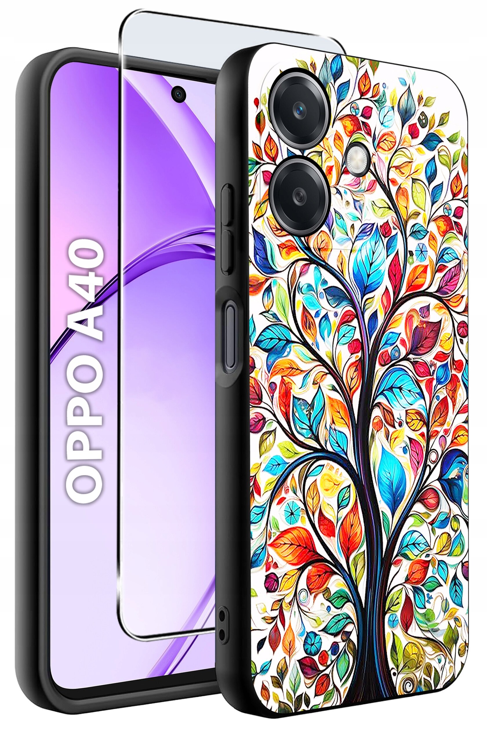 Etui do telefonu z kolorowym wzorem drzewa i liści, obok którego znajduje się szkło ochronne. Na ekranie telefonu widoczny jest napis \'OPPO A40\'.