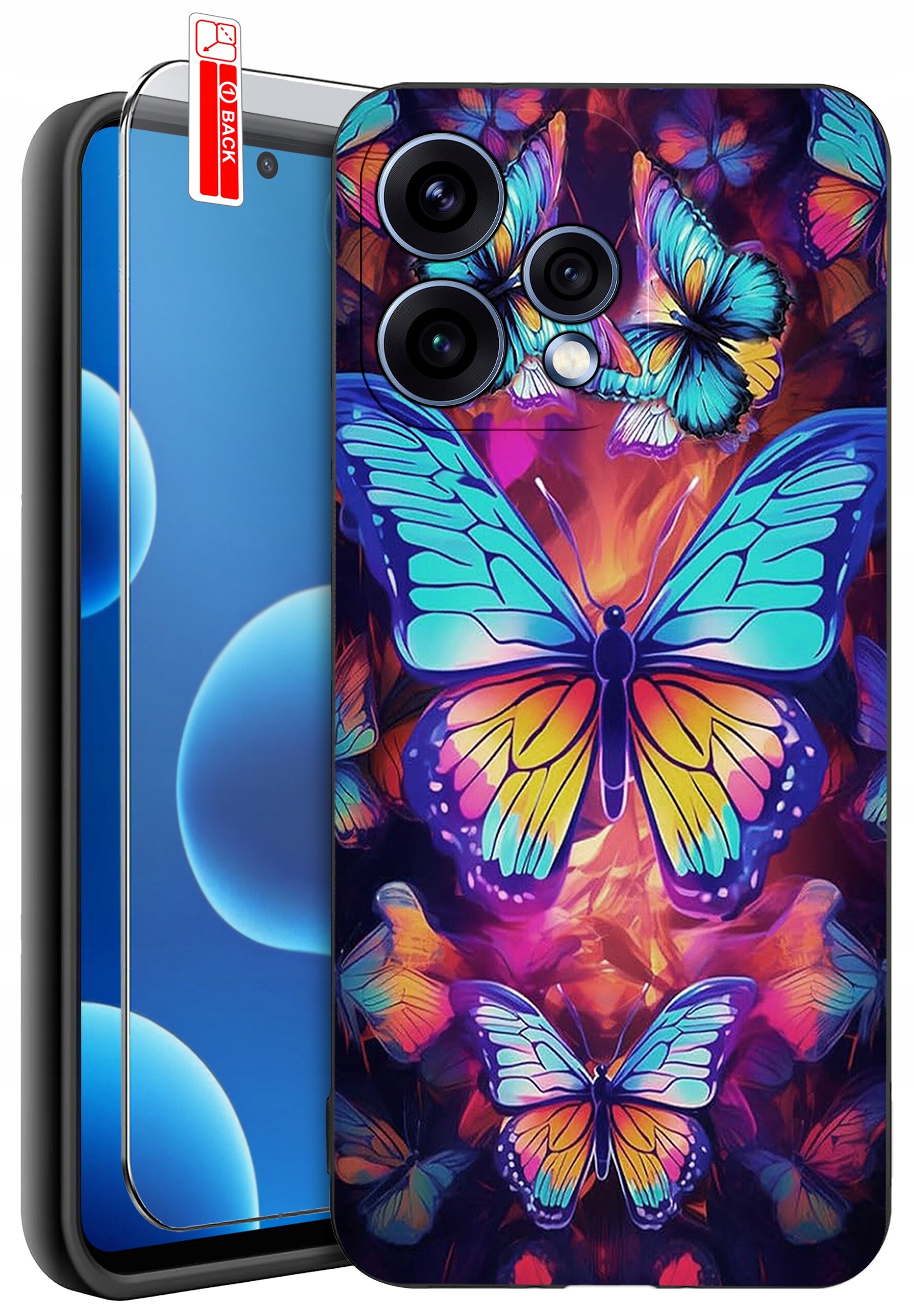 Etui na telefon z kolorowym wzorem motyli na tle w odcieniach fioletu i pomarańczu. Obok etui znajduje się szkło ochronne z oznaczeniem \'BACK\'.