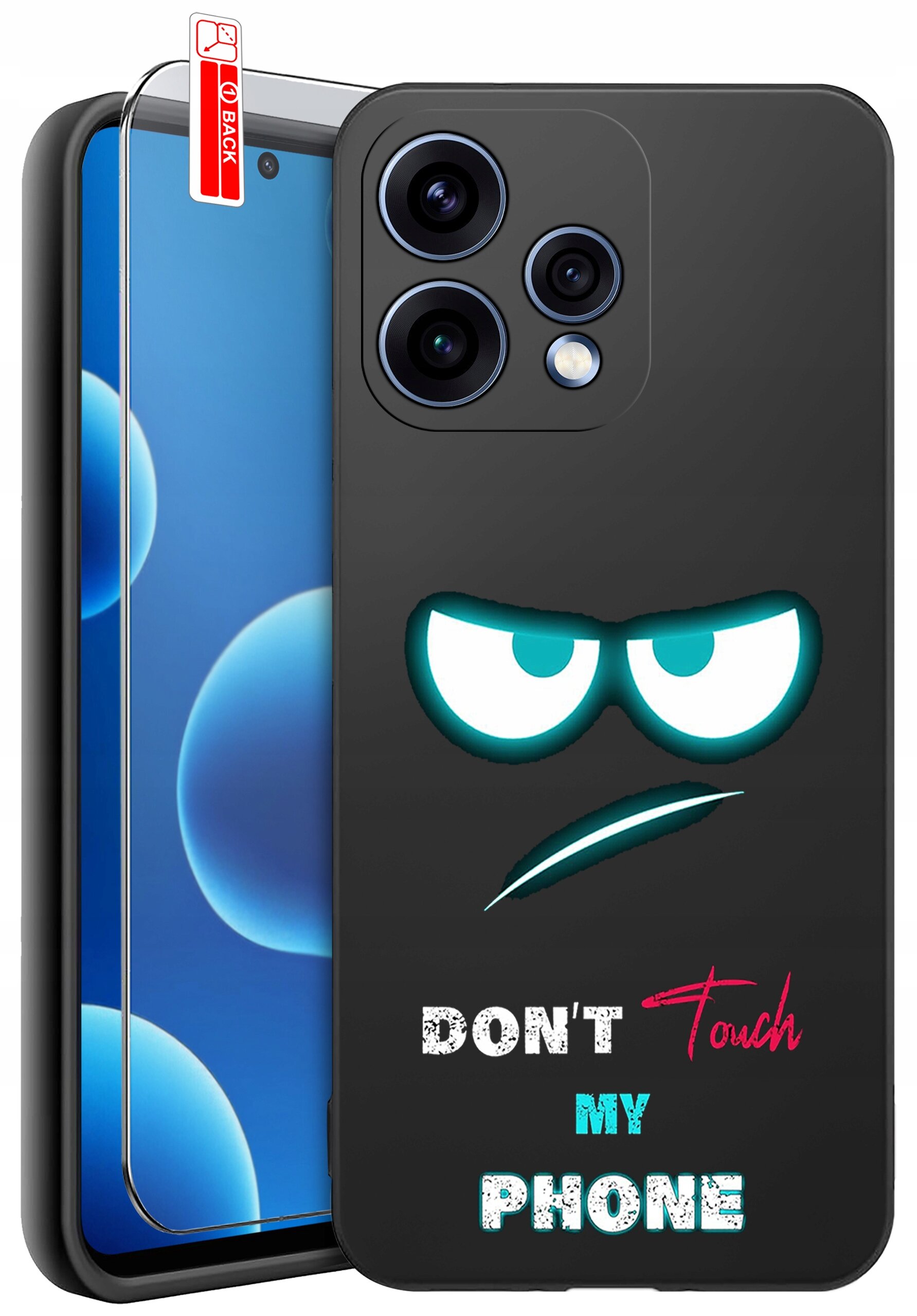 Czarne etui na telefon z nadrukiem przedstawiającym zarys oczu i ust oraz napisem \'DON\'T Touch MY PHONE\'. Obok etui znajduje się szkło ochronne z oznaczeniem \'BACK\'.