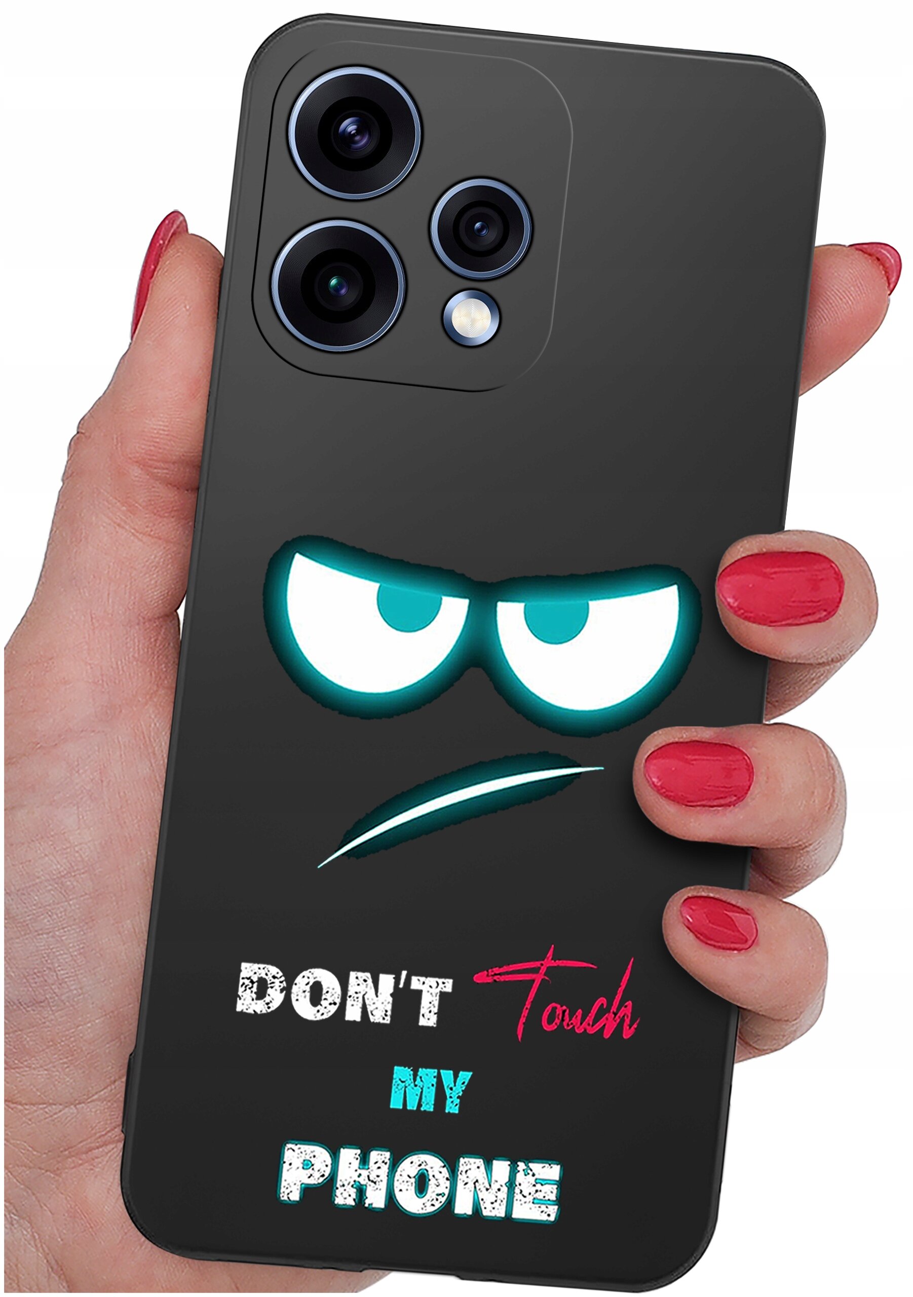 Czarna obudowa telefonu z nadrukiem przedstawiającym zarys oczu i ust oraz tekst \'DON\'T Touch MY PHONE\'. Obudowa jest trzymana w dłoni z pomalowanymi na czerwono paznokciami.