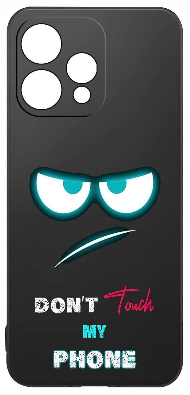 Czarne etui na telefon z wycięciami na aparat i grafiką przedstawiającą parę oczu oraz napis \'DON\'T Touch MY PHONE\'.