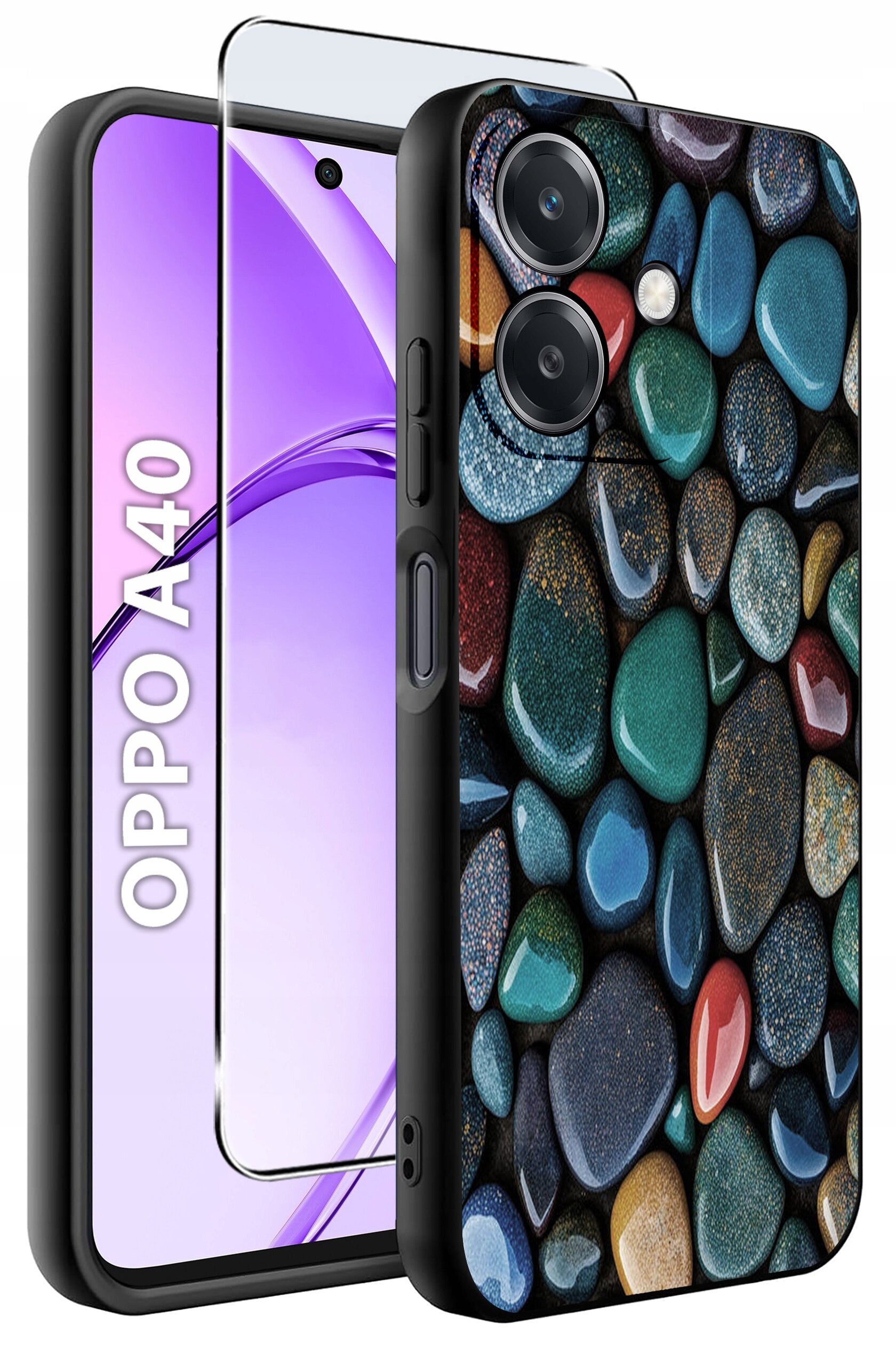 Obraz przedstawia etui na telefon z kolorowym wzorem przypominającym kamienie oraz szkło ochronne. Na ekranie telefonu widoczny jest napis \'OPPO A40\'.