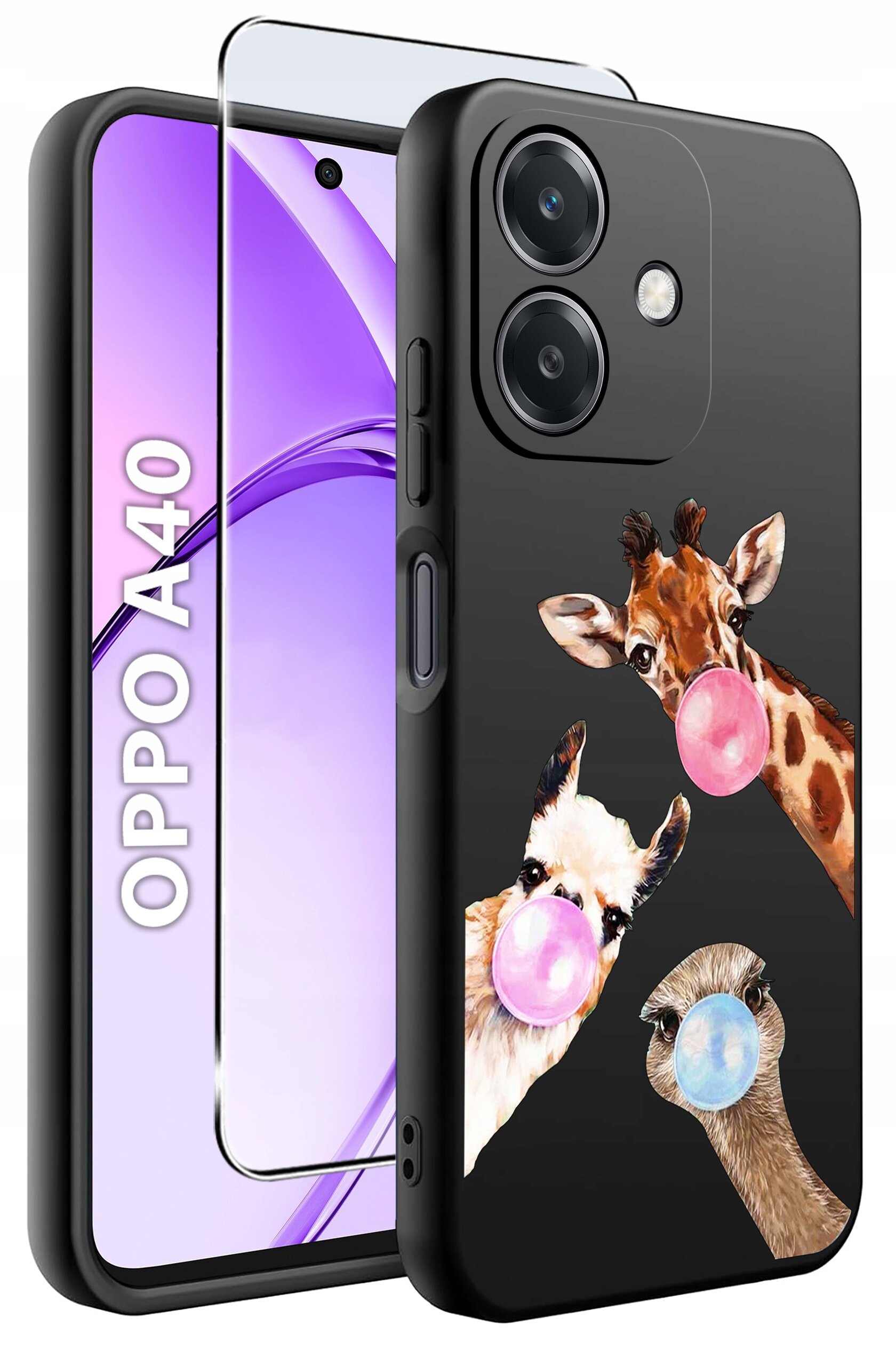 Etui do telefonu z grafiką przedstawiającą zwierzęta dmuchające balony z gumy do żucia. Obok widoczny jest telefon z napisem \'OPPO A40\'.