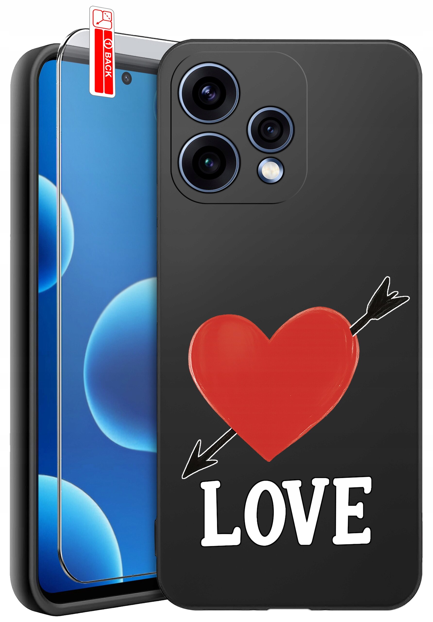 Czarne etui na telefon z czerwonym sercem przebitym strzałą i napisem \'LOVE\'. Obok etui znajduje się szkło ochronne z oznaczeniem \'BACK\'.