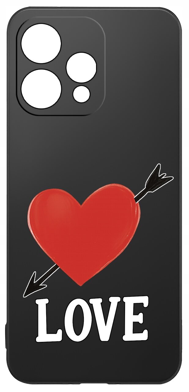 Czarne etui z czerwonym sercem przebitym strzałą oraz napisem \'LOVE\' na dole. Etui ma wycięcia na aparat w kształcie trzech okręgów.