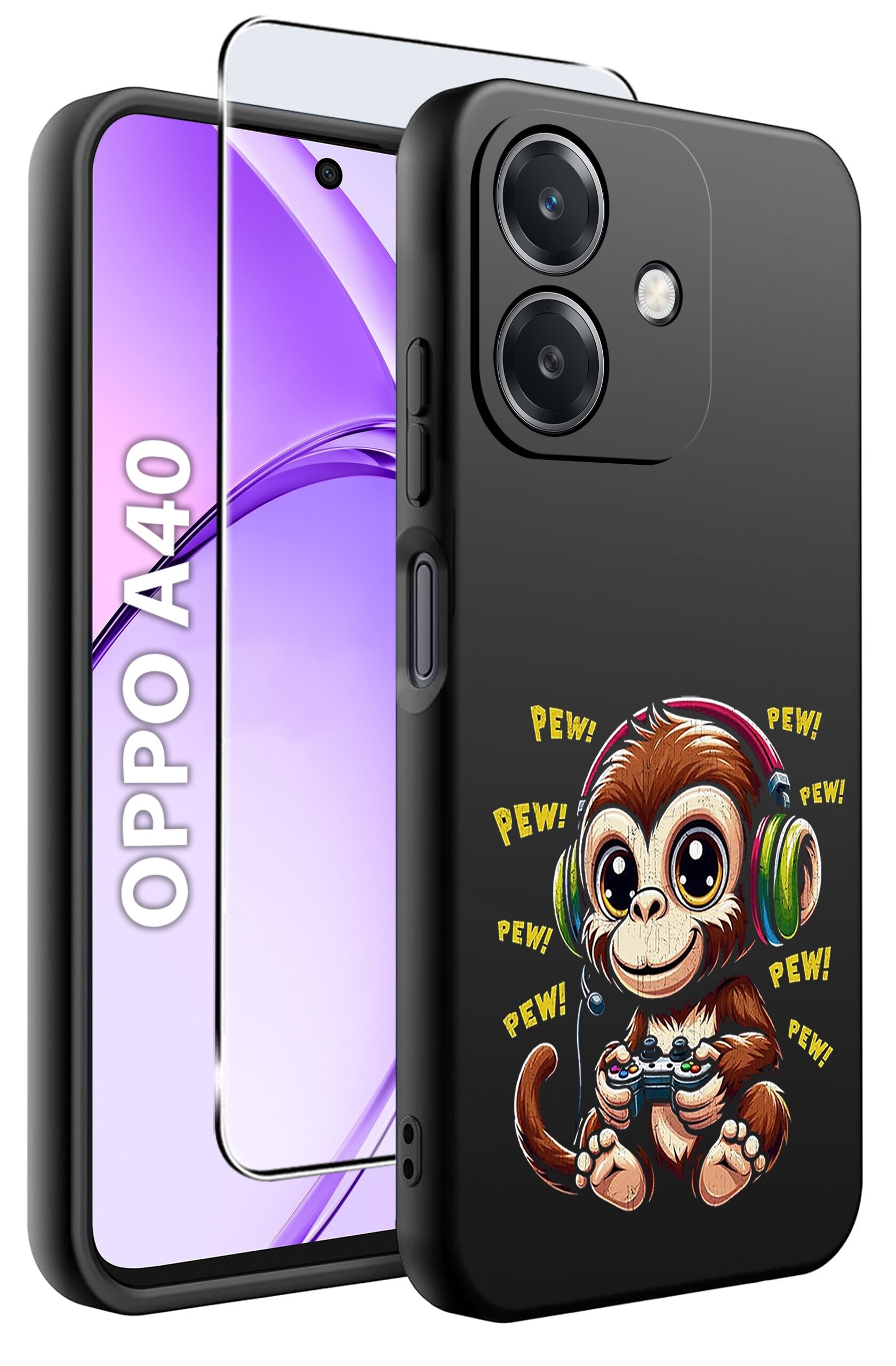 Etui na telefon z nadrukiem małpki w słuchawkach trzymającej kontroler do gier, z napisem \'PEW! PEW!\'. Obok widoczny jest telefon z napisem \'OPPO A40\' oraz szkło ochronne.
