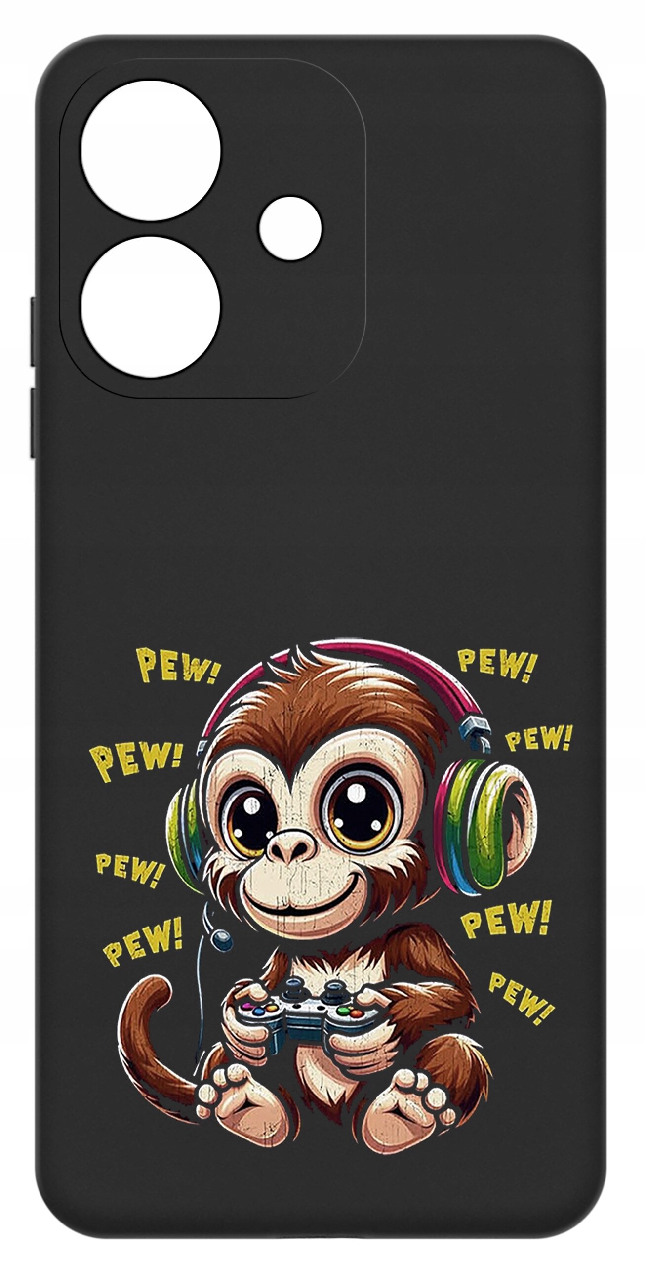 Czarne etui z nadrukiem małpki w słuchawkach trzymającej kontroler do gier. Wokół małpki znajduje się tekst \'PEW! PEW!\'.