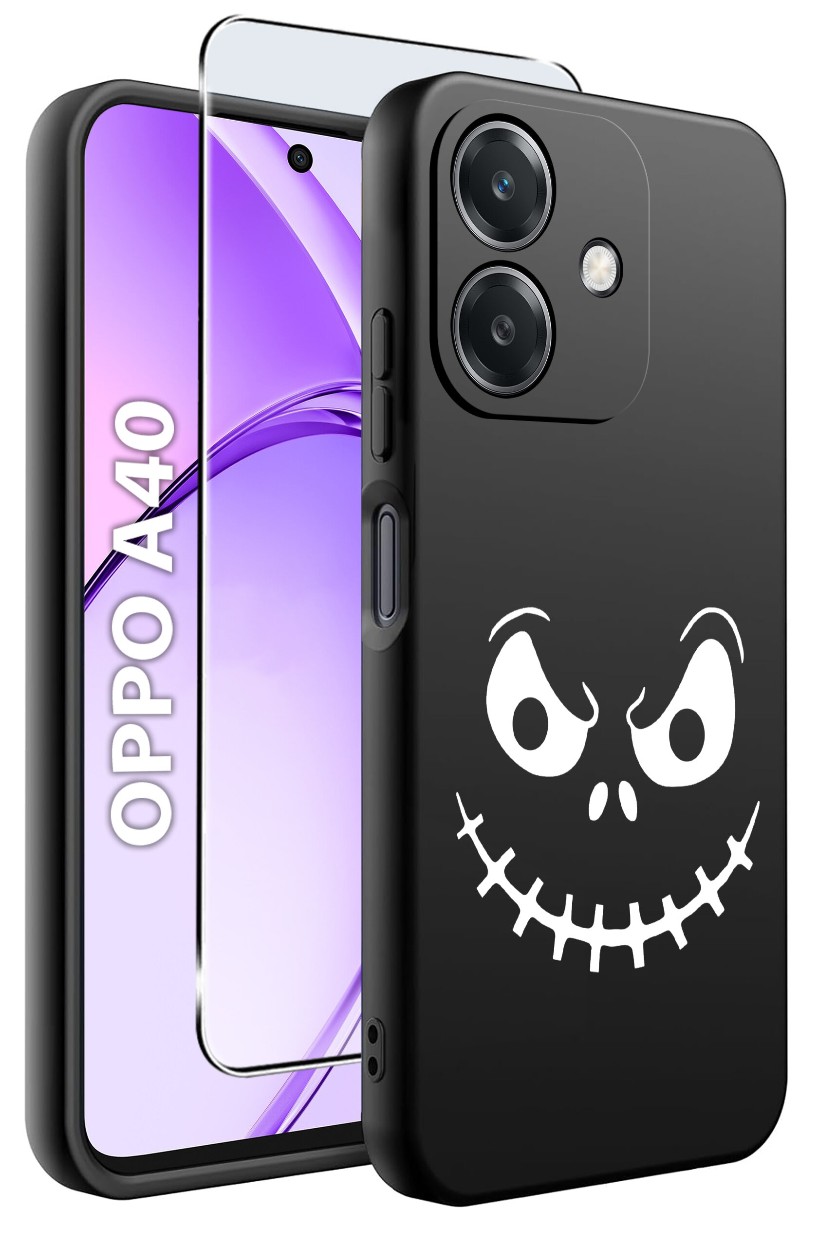 Na obrazie widoczne jest czarne etui z białym, uśmiechniętym wzorem twarzy oraz telefon z napisem \'OPPO A40\'. Obok znajduje się przezroczyste szkło ochronne.