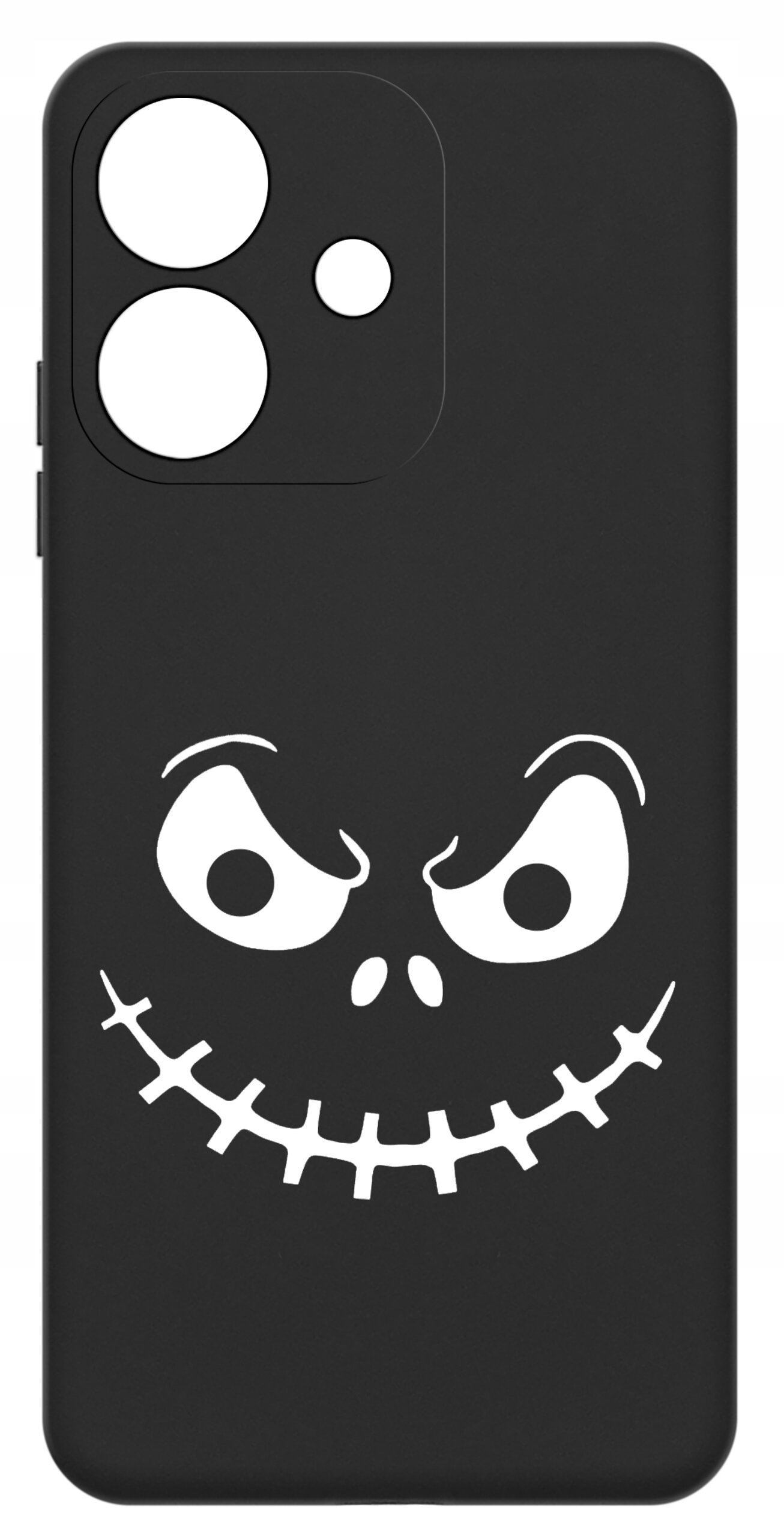 Czarne etui z białym nadrukiem przedstawiającym uśmiechniętą, stylizowaną twarz z dużymi oczami i zębami. W górnej części znajduje się wycięcie na aparat z trzema okrągłymi otworami.