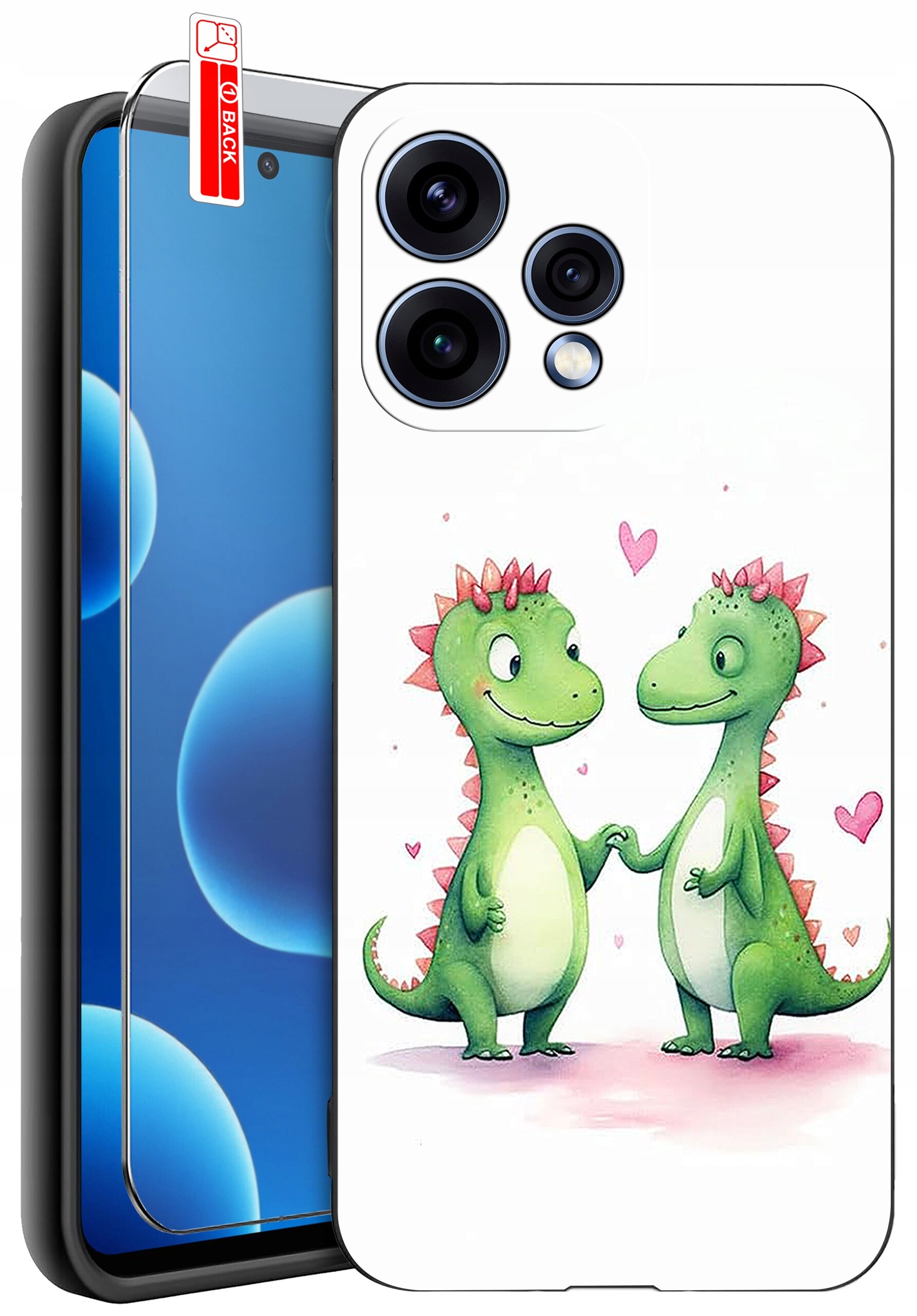 Etui na telefon z grafiką dwóch zielonych dinozaurów trzymających się za ręce, otoczonych różowymi serduszkami. Obok widoczna jest szybka ochronna z napisem \'BACK\'.