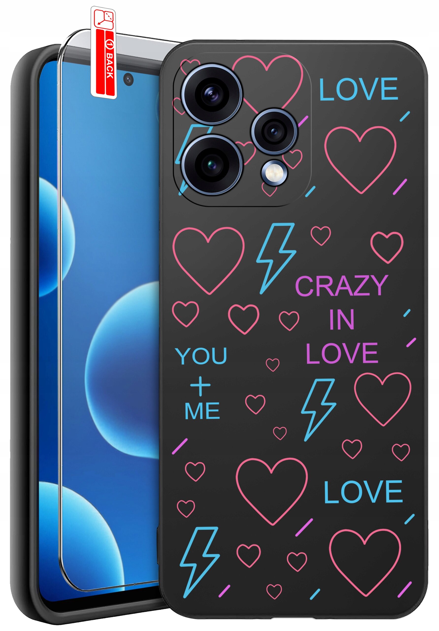 Etui na telefon z kolorowymi wzorami serc, piorunów i napisami \'LOVE\', \'CRAZY IN LOVE\', \'YOU + ME\'. Obok etui znajduje się szkło ochronne z oznaczeniem \'BACK\'.