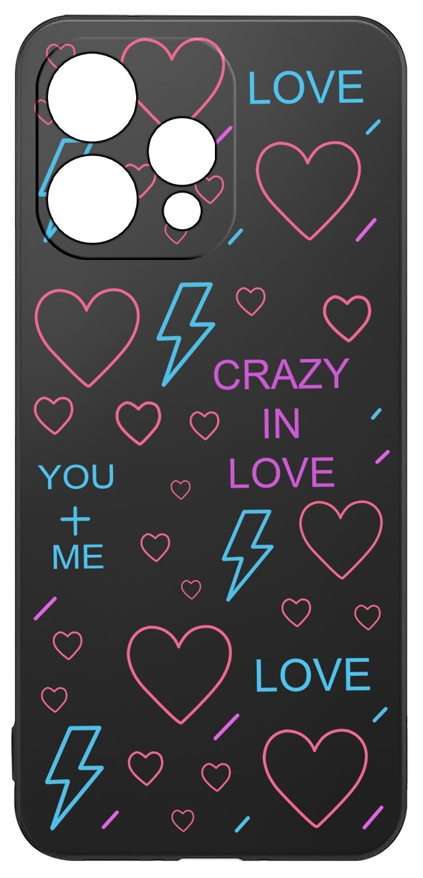 Czarne etui z kolorowymi wzorami serc, błyskawic i napisami \'LOVE\', \'CRAZY IN LOVE\', \'YOU + ME\'.