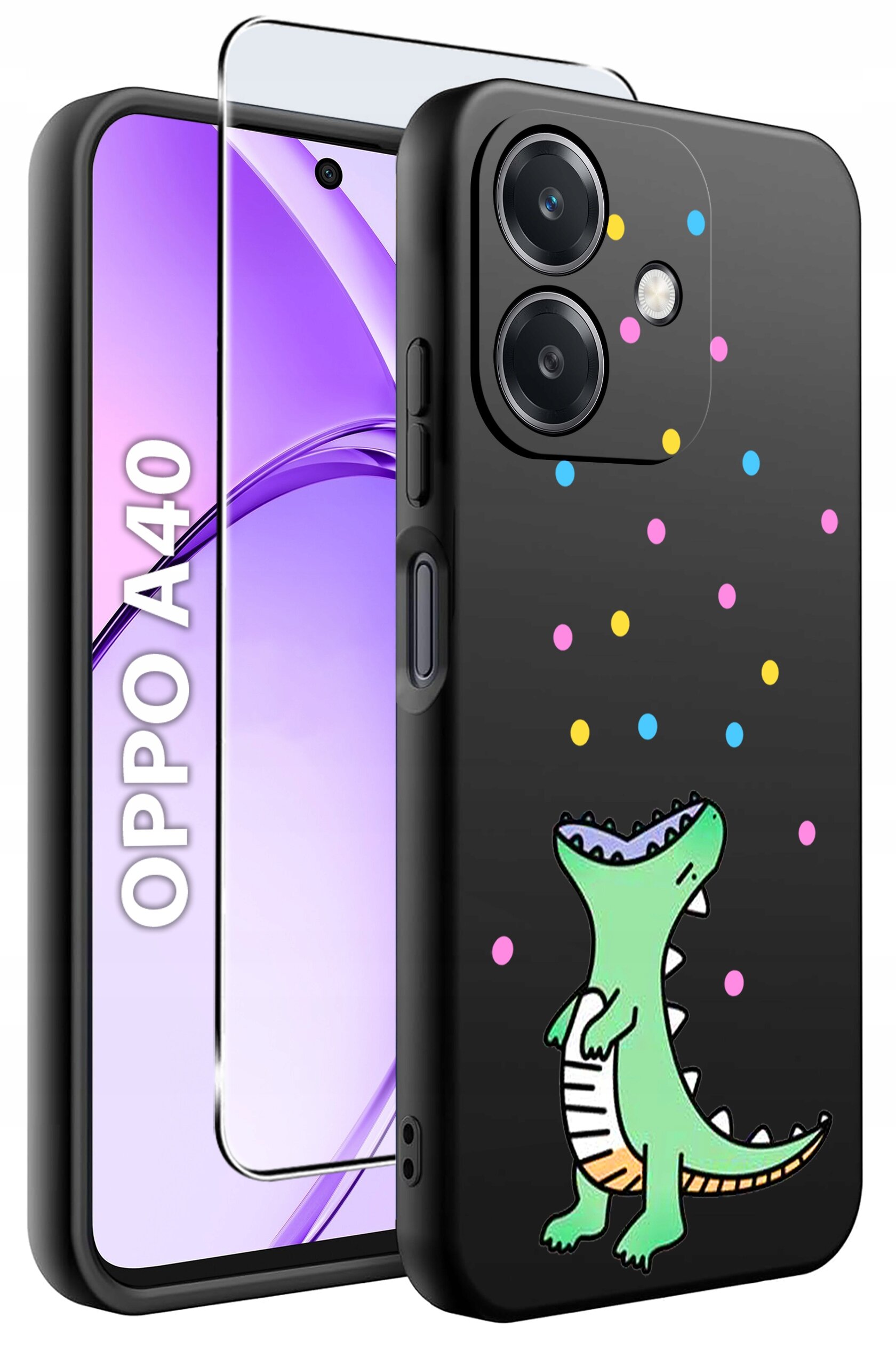 Na obrazie widoczne jest czarne etui na telefon z kolorowym wzorem dinozaura i kolorowymi kropkami. Obok etui znajduje się telefon z napisem \'OPPO A40\' na ekranie oraz szkło ochronne.