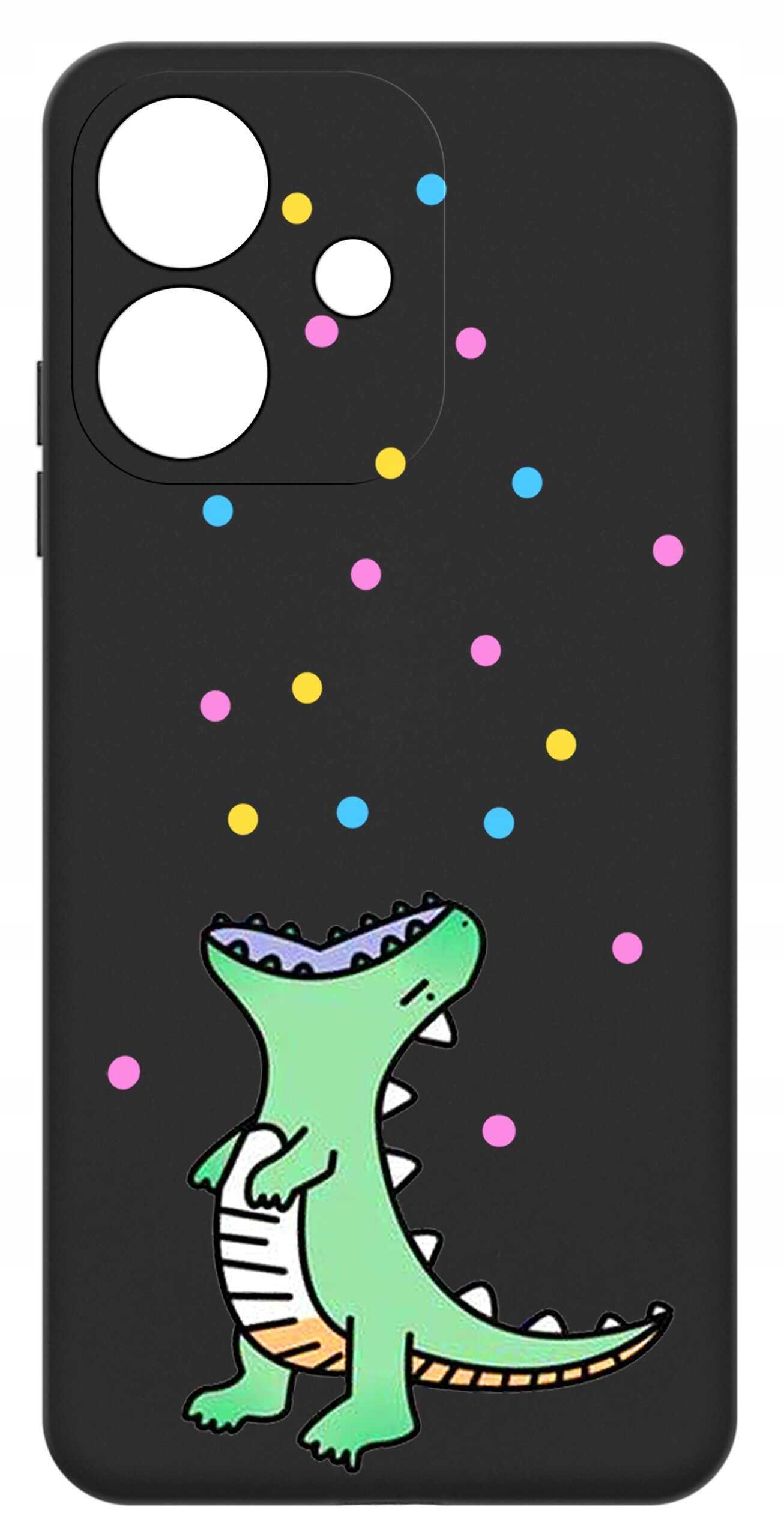 Czarne etui z kolorowym wzorem przedstawiającym zielonego dinozaura oraz rozrzucone kolorowe kropki. Etui ma wycięcia na aparat i przyciski.