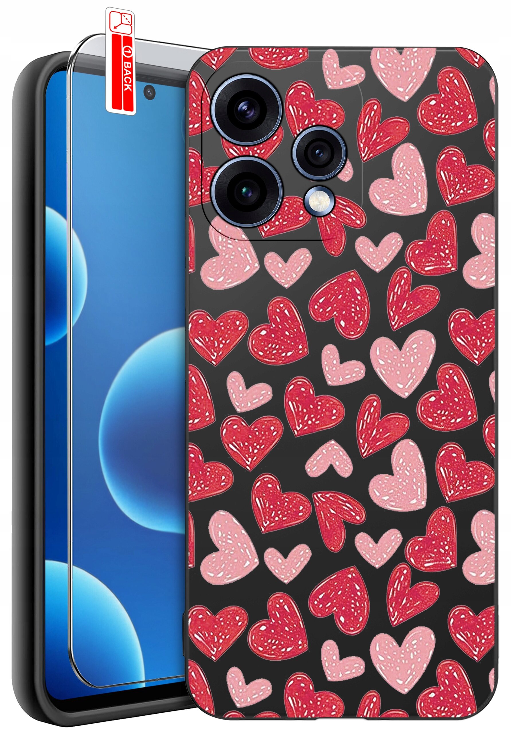 Etui na telefon z wzorem czerwonych i różowych serc na czarnym tle, obok znajduje się szkło ochronne z napisem \'BACK\'.