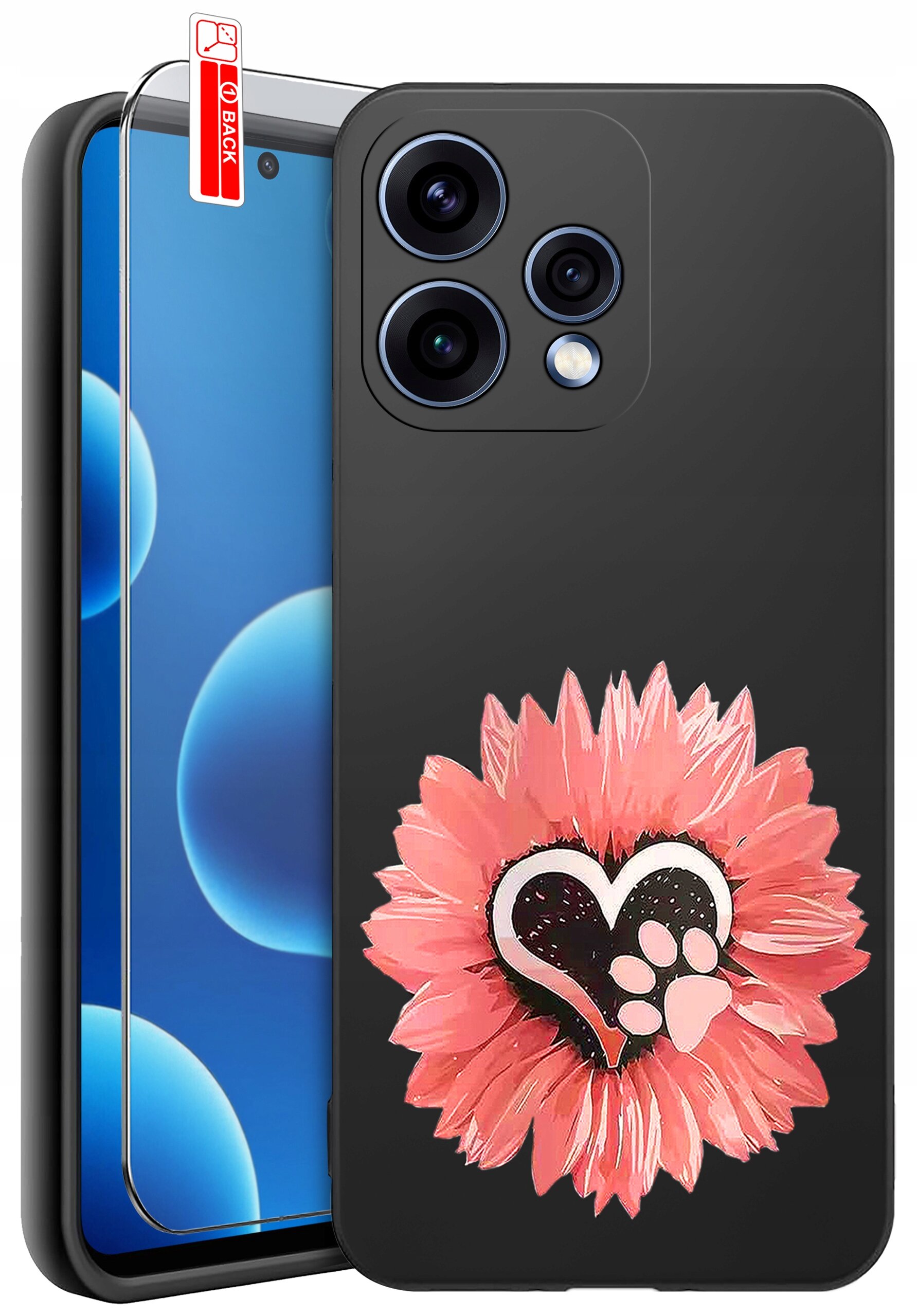 Czarne etui na telefon z motywem różowego kwiatu i serca z odciskiem łapy. Obok znajduje się szkło ochronne z napisem \'BACK\'.