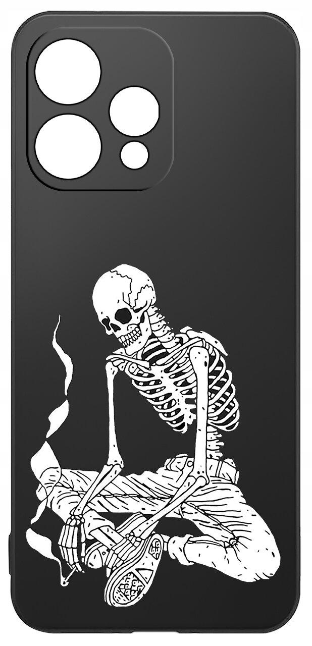 Czarne etui na telefon z nadrukiem białego szkieletu siedzącego w pozycji z nogami skrzyżowanymi, trzymającego papierosa z unoszącym się dymem.