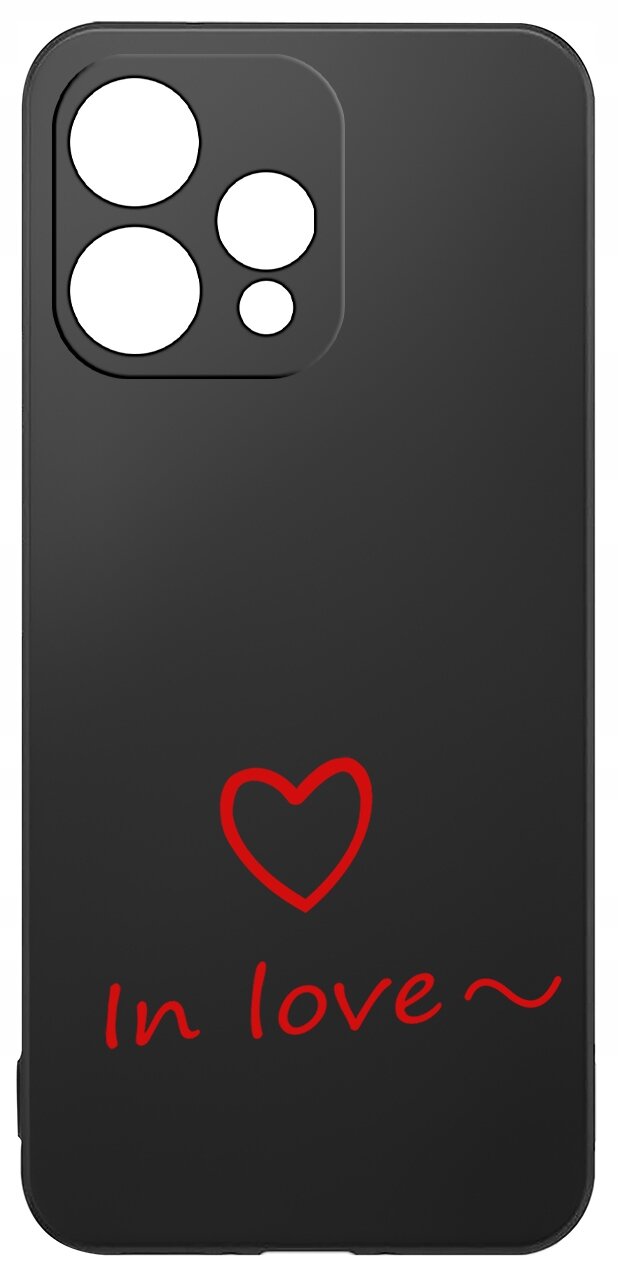 Czarne etui z trzema wycięciami na aparat, ozdobione czerwonym sercem i napisem \'In love~\'.