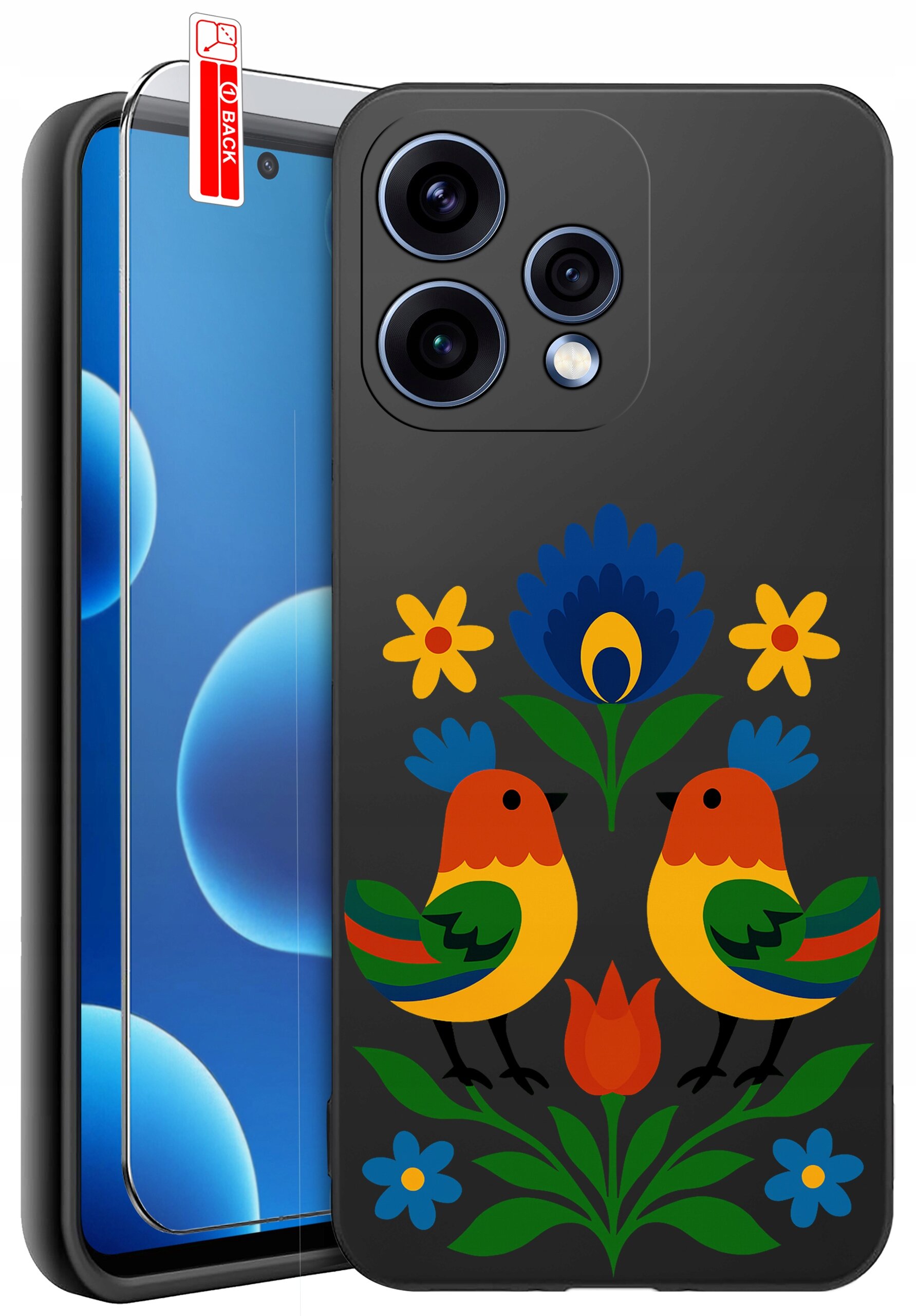 Etui na telefon z kolorowym wzorem przedstawiającym dwa ptaki i kwiaty na czarnym tle. Obok znajduje się szkło ochronne z napisem \'BACK\'.