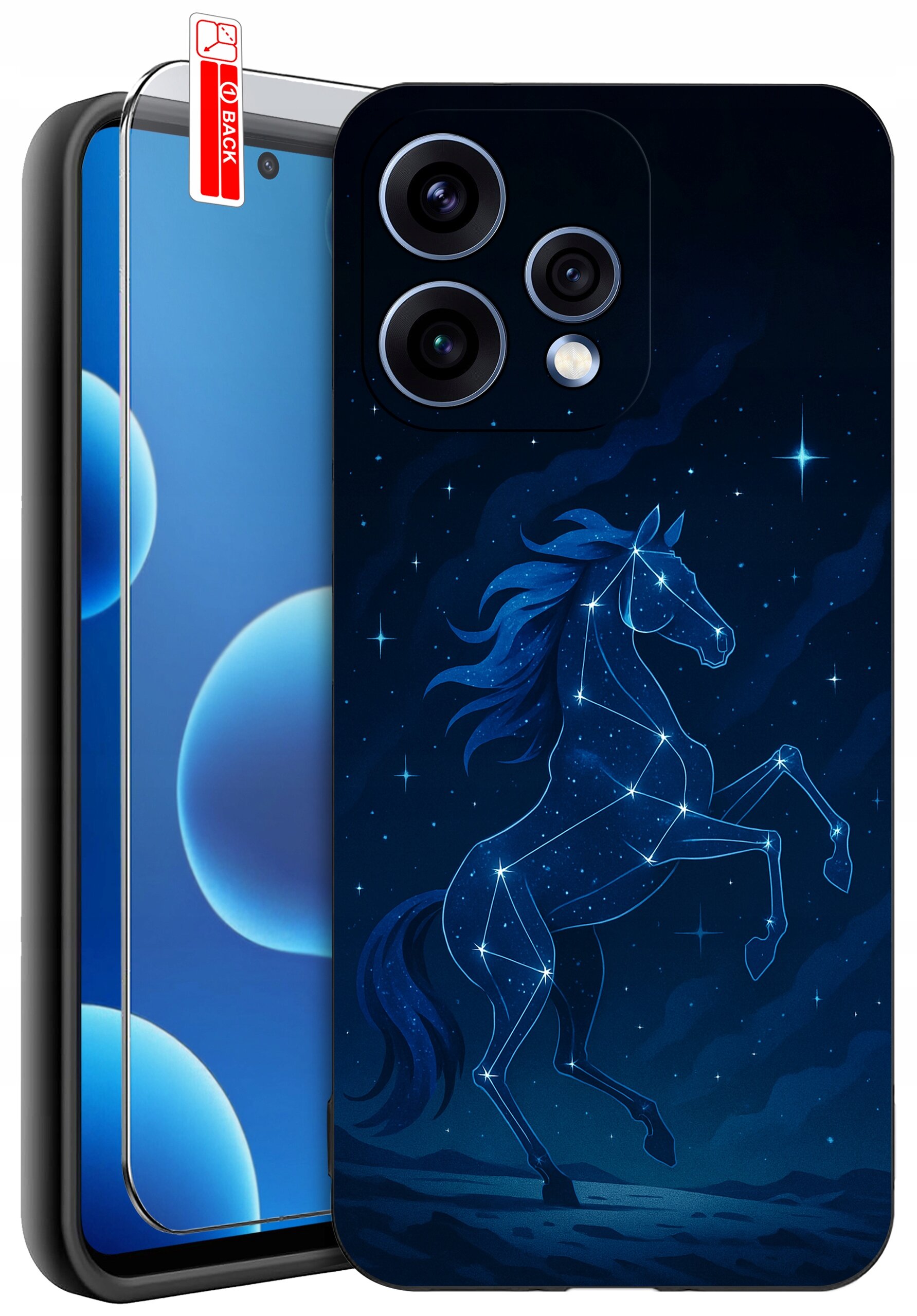 Obraz przedstawia etui na telefon z grafiką konstelacji w kształcie konia na tle nocnego nieba. Obok etui znajduje się szkło ochronne z napisem \'BACK\'.
