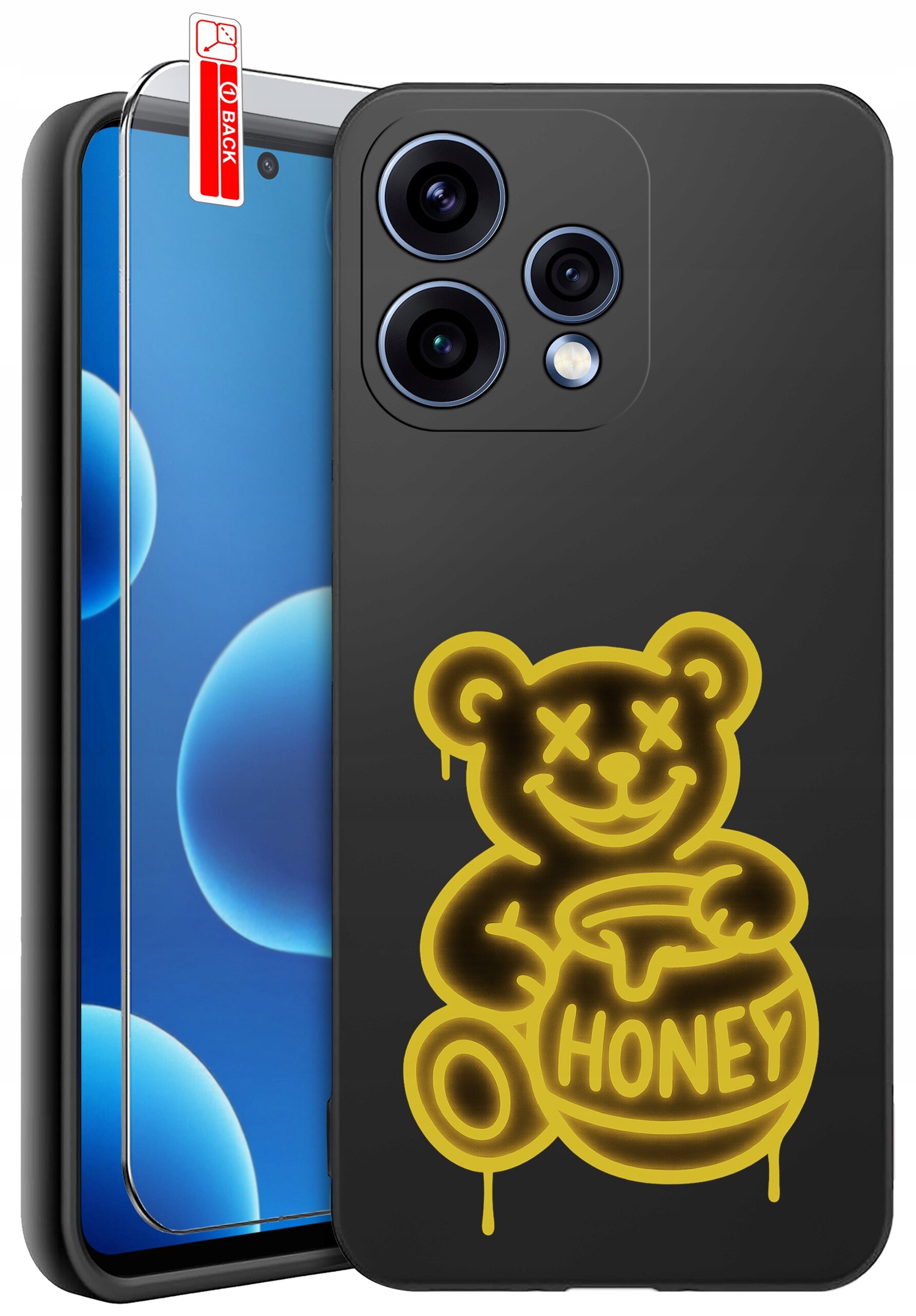 Czarne etui z żółtym rysunkiem misia trzymającego słoik z napisem \'HONEY\'. Obok etui znajduje się szkło ochronne z czerwoną naklejką \'BACK\'.