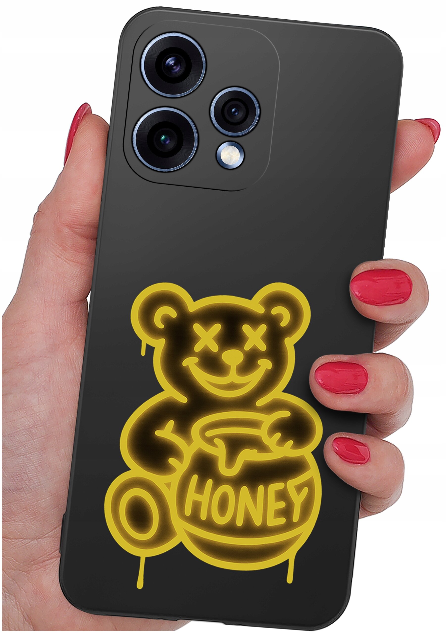 Czarna obudowa telefonu z neonowym wzorem misia trzymającego słoik z napisem \'HONEY\'.