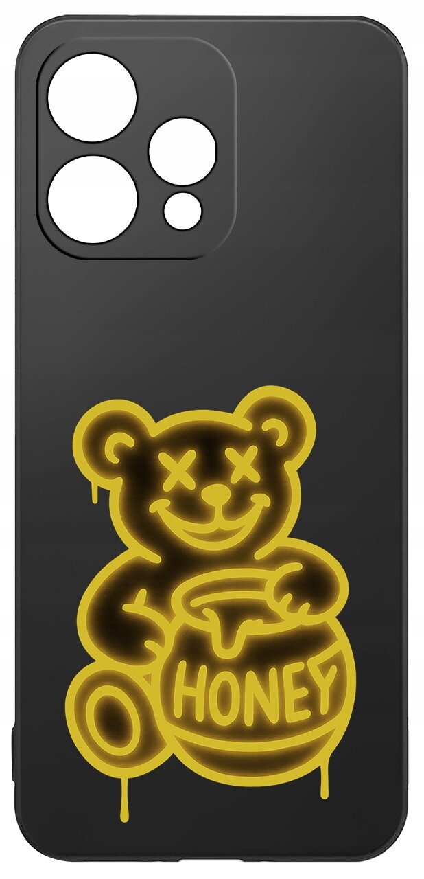 Czarne etui z żółtym rysunkiem misia trzymającego słoik z napisem \'HONEY\'. Etui ma wycięcia na aparat i inne elementy telefonu.