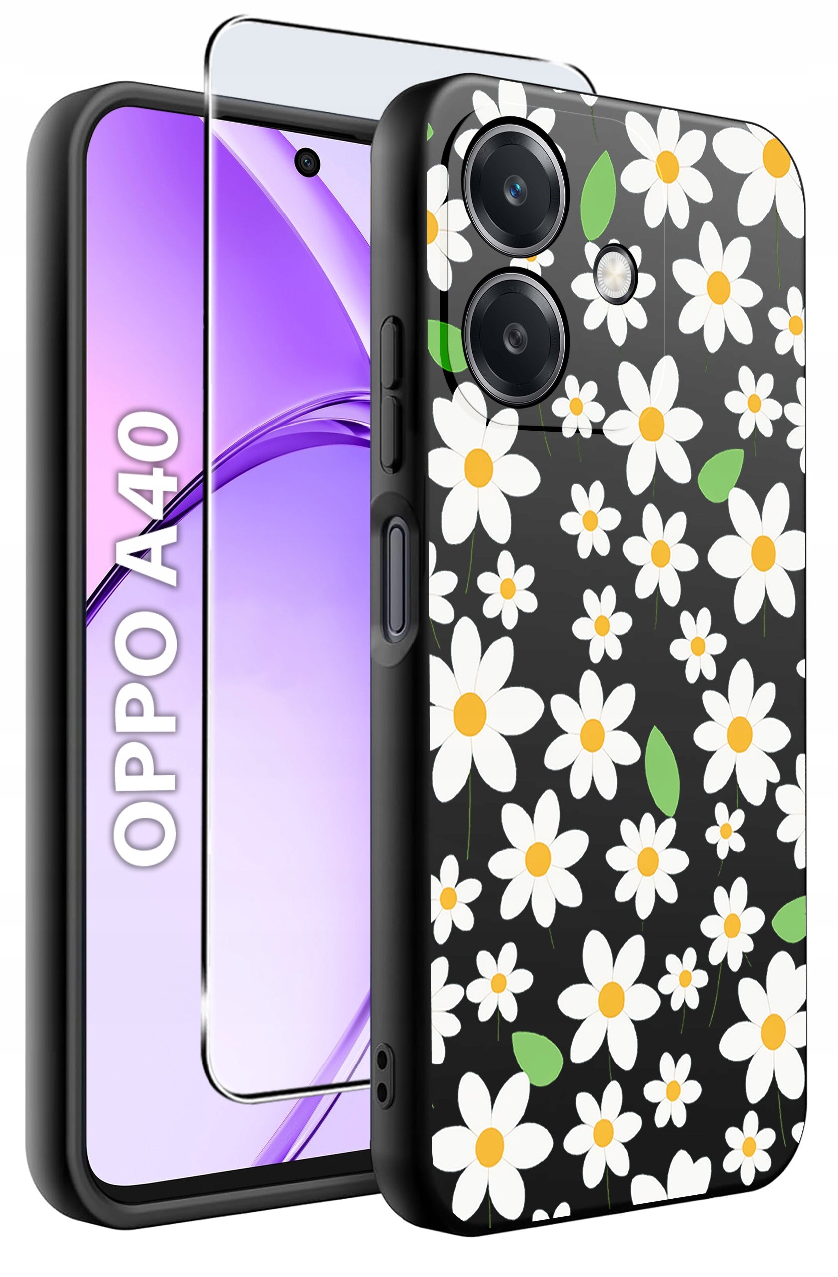 Obraz przedstawia etui na telefon z motywem białych kwiatów na czarnym tle oraz szkło ochronne. Na ekranie telefonu widoczny jest napis \'OPPO A40\'.