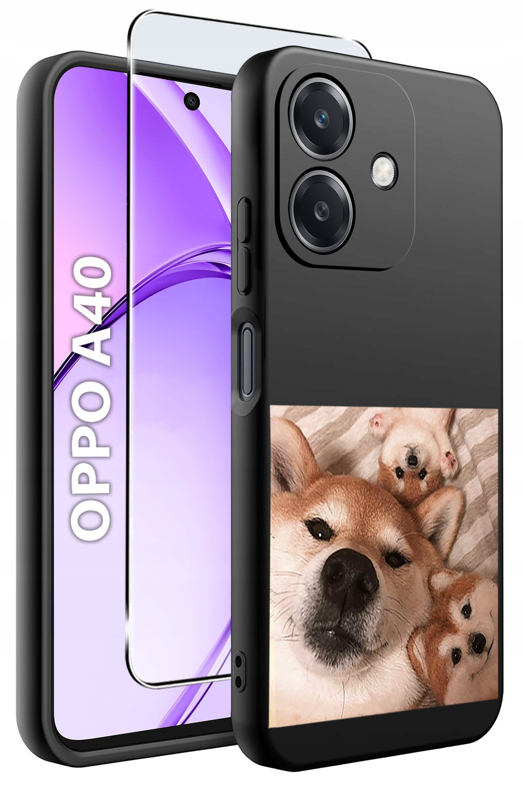 Etui do telefonu z nadrukiem psów, obok którego znajduje się szkło ochronne na ekran. Na ekranie telefonu widoczny jest napis \'OPPO A40\'.