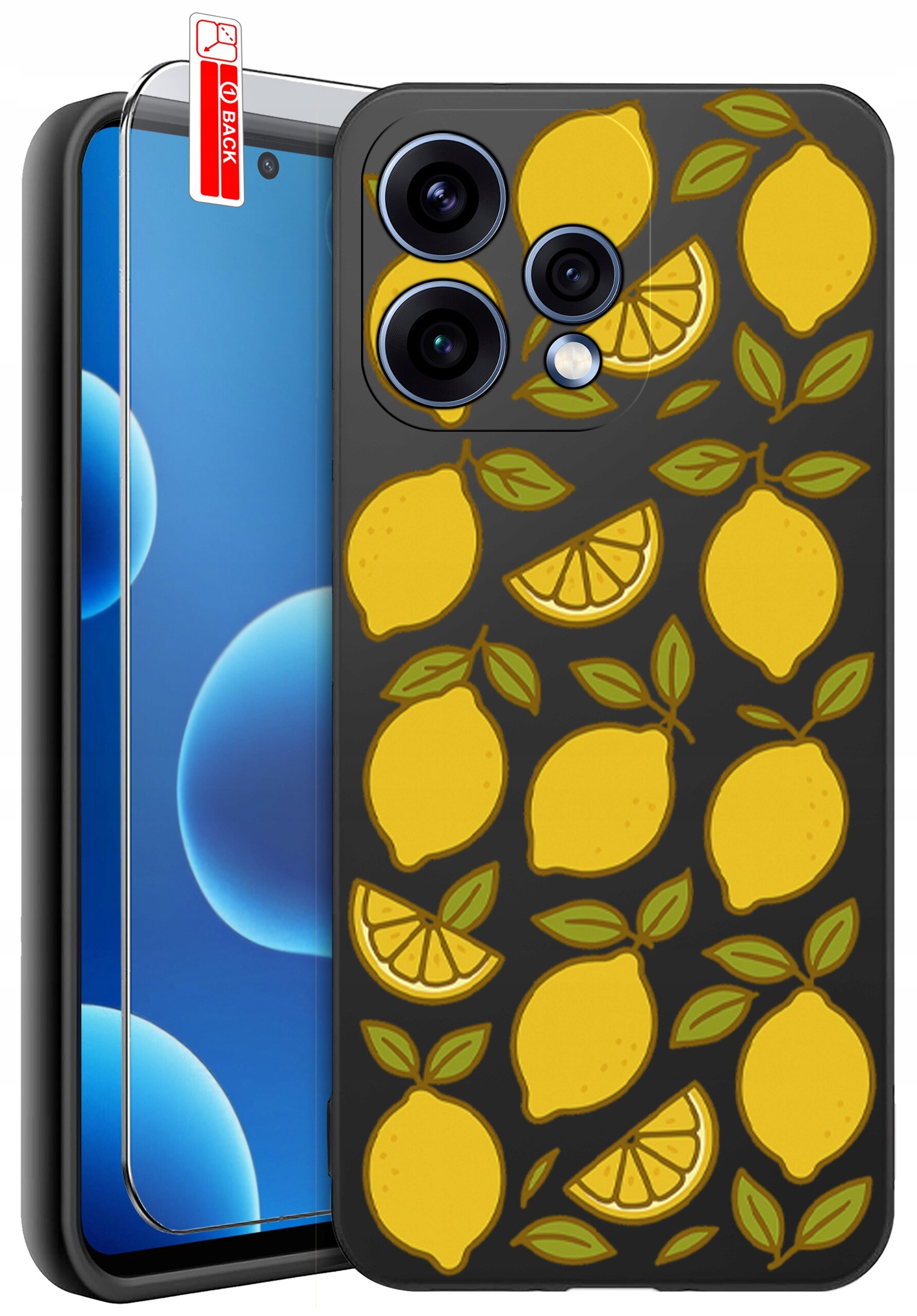 Etui na telefon z wzorem żółtych cytryn i liści na ciemnym tle, obok którego znajduje się szkło ochronne z napisem \'BACK\'.