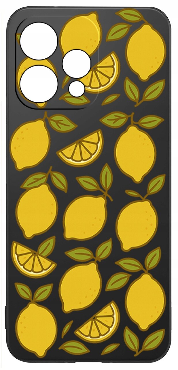 Etui na telefon z wzorem cytryn i liści na ciemnym tle, z wycięciami na aparat.