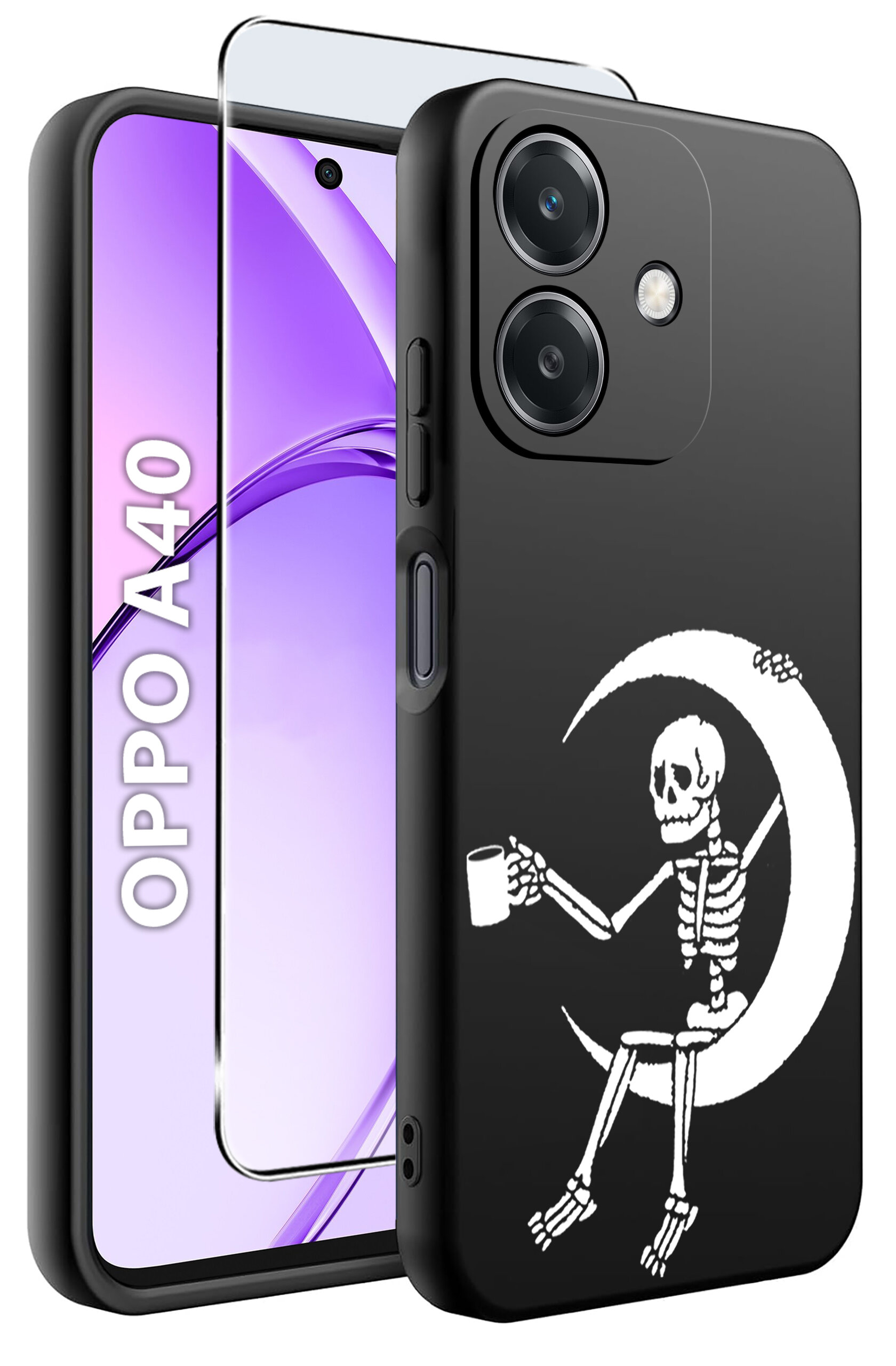 Obraz przedstawia czarne etui na telefon z nadrukiem szkieletu siedzącego na księżycu, trzymającego kubek. Obok etui widoczny jest telefon z napisem \'OPPO A40\' oraz szkło ochronne.