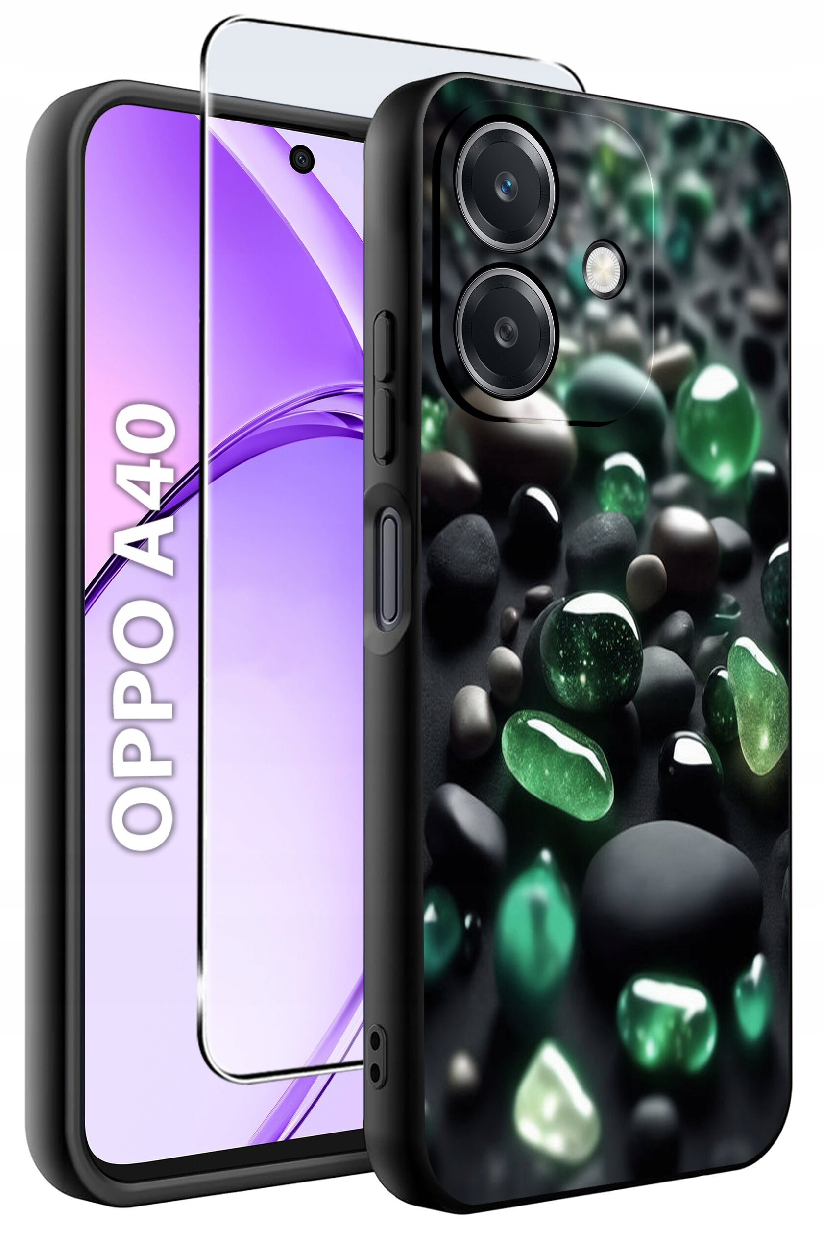 Obraz przedstawia etui na telefon z wzorem zielonych i czarnych kamieni oraz szkło ochronne na ekran. Na ekranie telefonu widoczny jest napis \'OPPO A40\'.