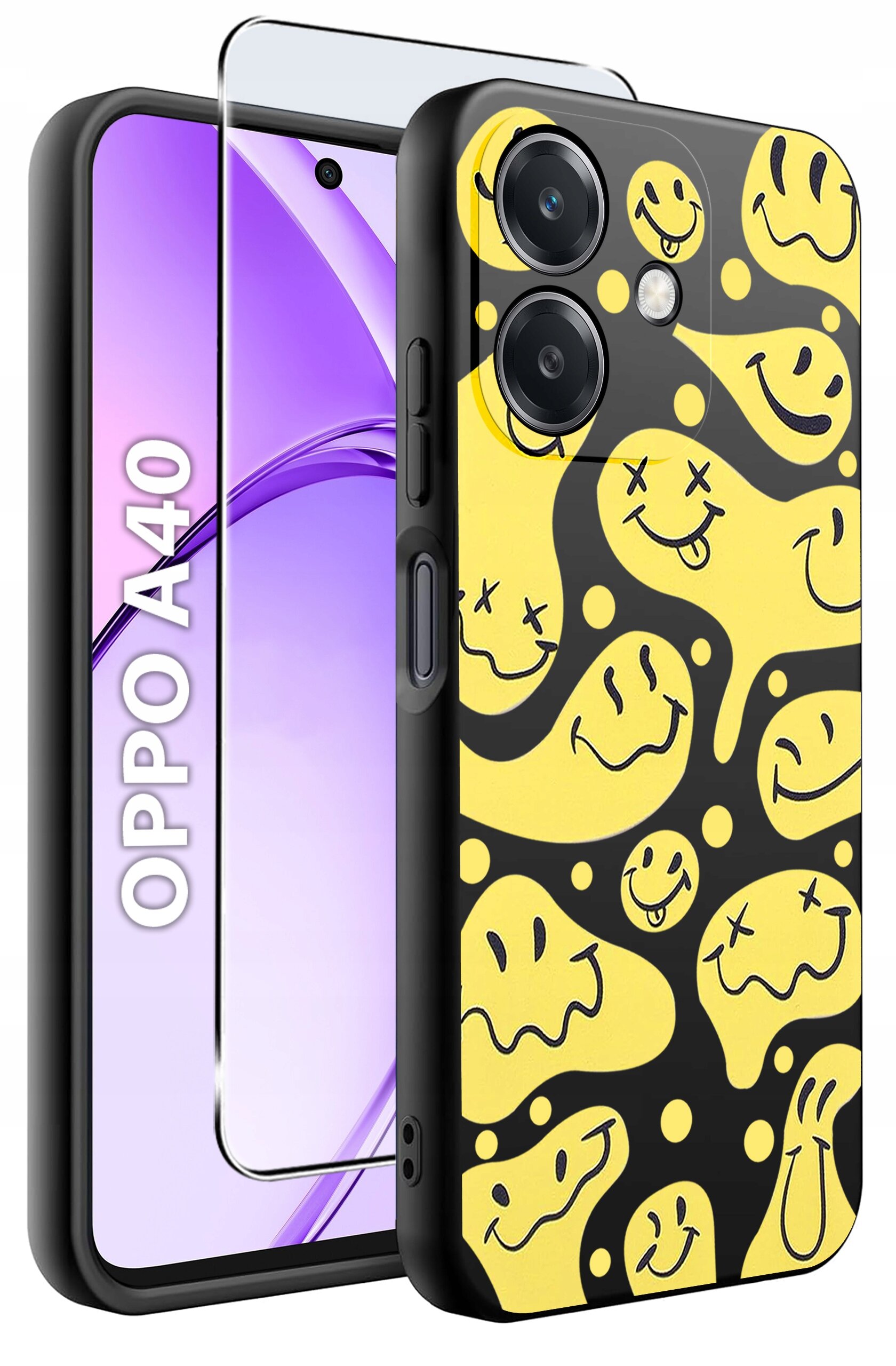 Obraz przedstawia etui na telefon z żółtymi wzorami uśmiechniętych twarzy na czarnym tle. Obok widoczny jest telefon z napisem \'OPPO A40\' oraz szkło ochronne.