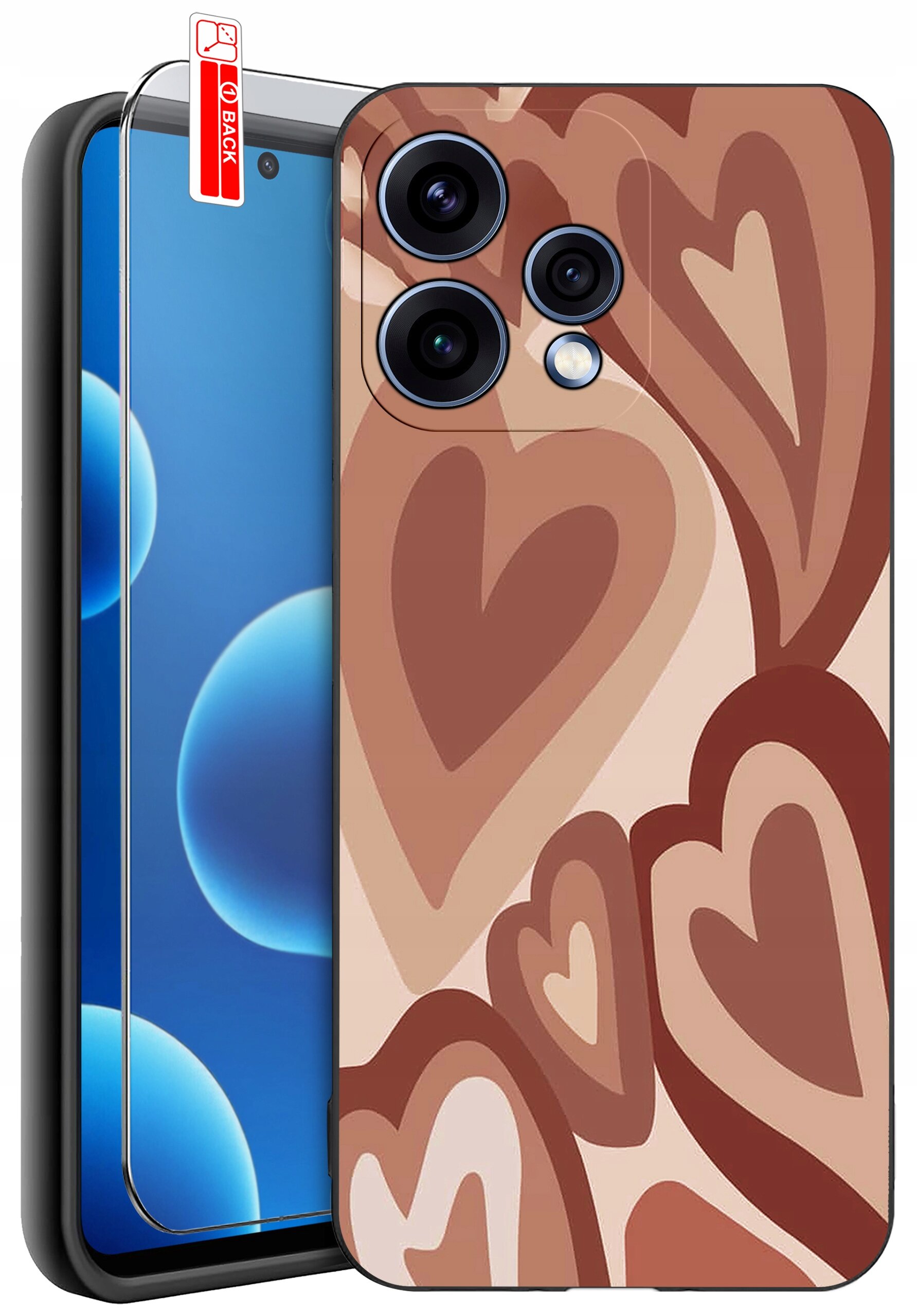Etui na telefon z wzorem w brązowe serca, obok którego znajduje się szkło ochronne z napisem \'BACK\'.