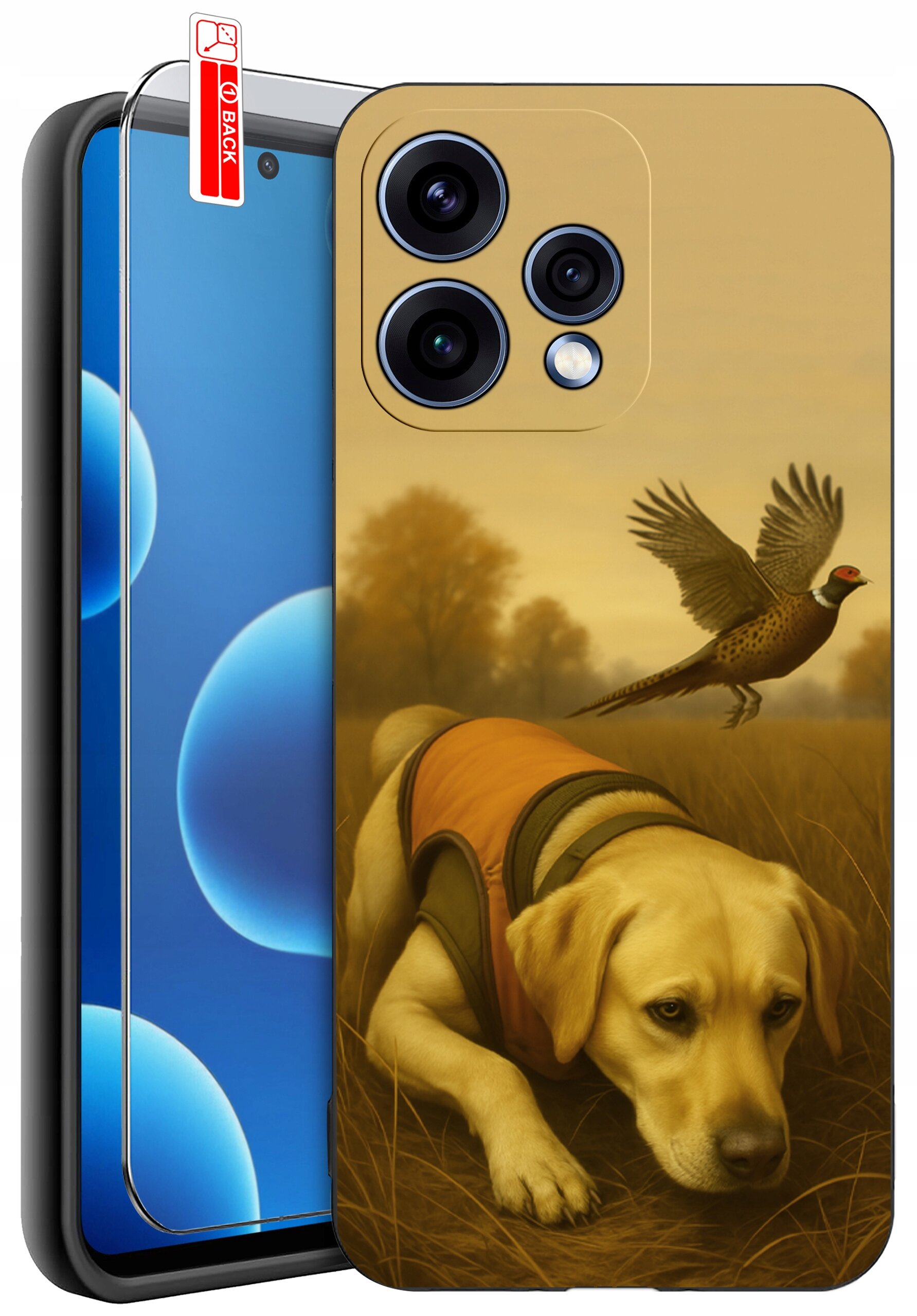 Etui na telefon z nadrukiem psa w pomarańczowej kamizelce i lecącego ptaka na tle jesiennego krajobrazu. Obok widoczna jest ochrona ekranu z napisem \'BACK\'.