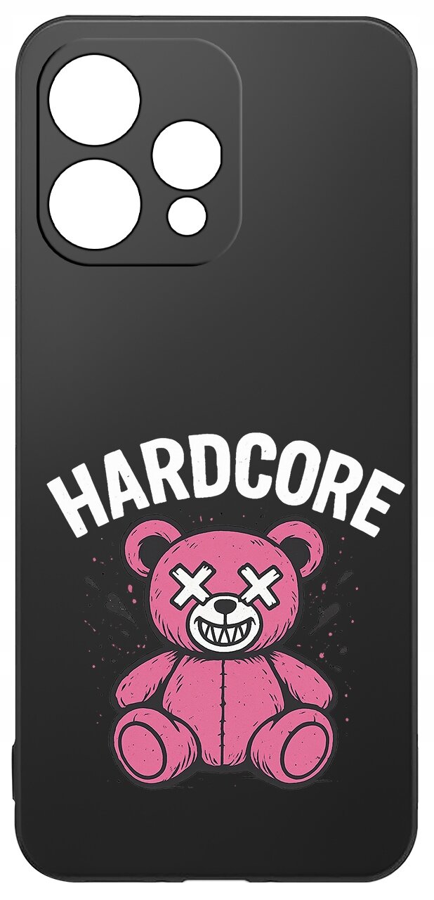 Czarne etui z nadrukiem różowego misia z zamkniętymi oczami w kształcie krzyżyków oraz napisem \'HARDCORE\' nad nim.